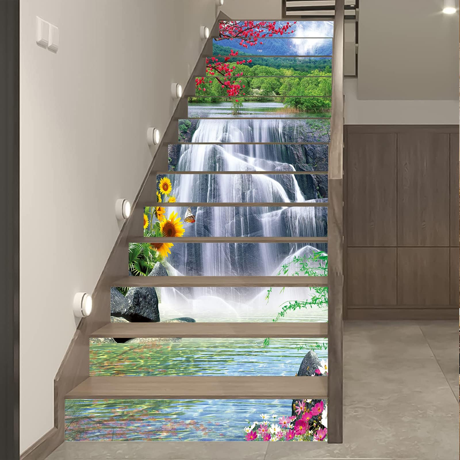 13-Piece 3D Waterfall Peel and Stick Stair Stickers - Self-Adhesive Stair Riser Decals - Non-Slip Home Decor (39.37