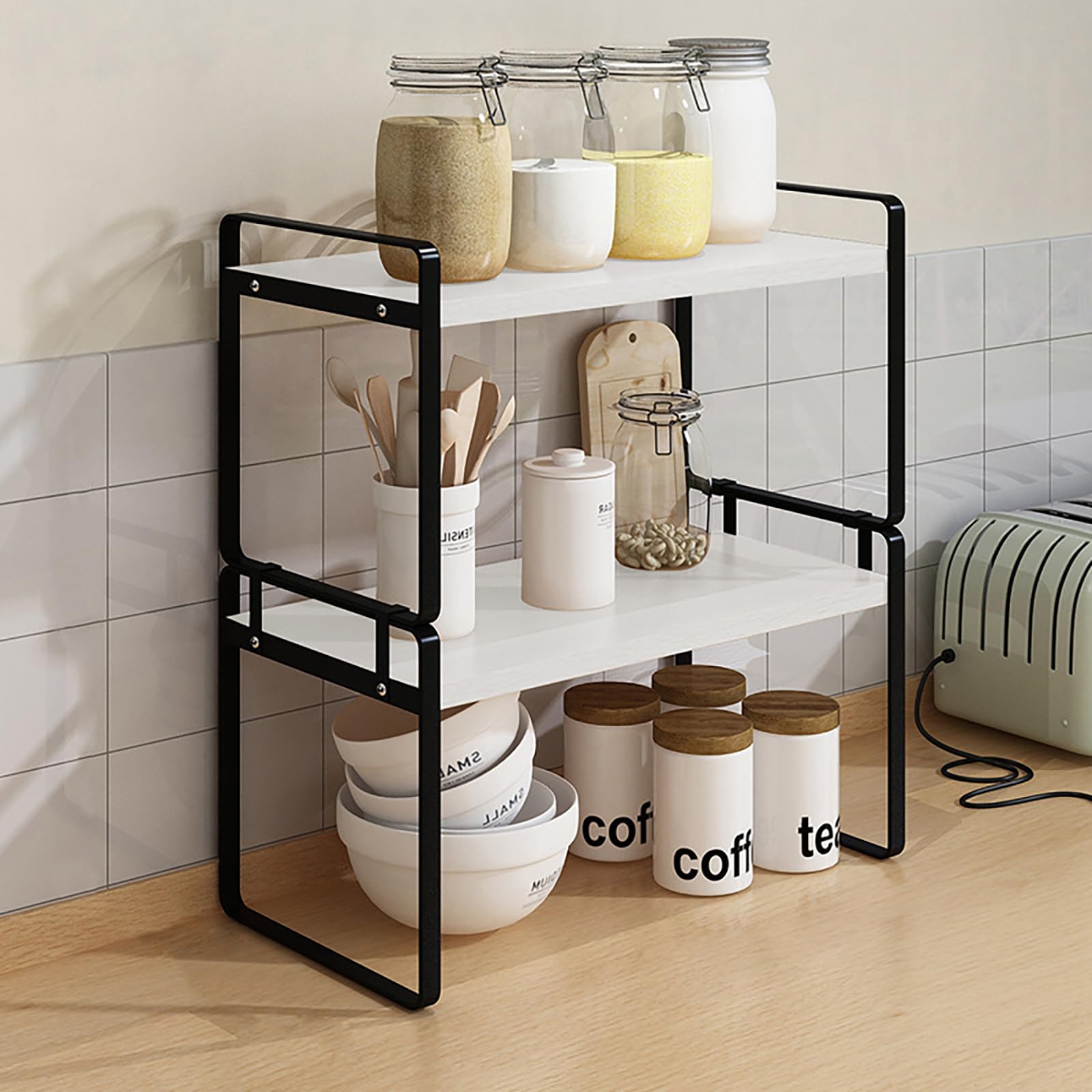 2-Tier Wooden Desktop Organizer Shelf - Black Frame Storage Shelf for Office, Kitchen, Bedroom & Bathroom | Space-Saving Bookshelf & Display Organizer for Home & Workspace Decor