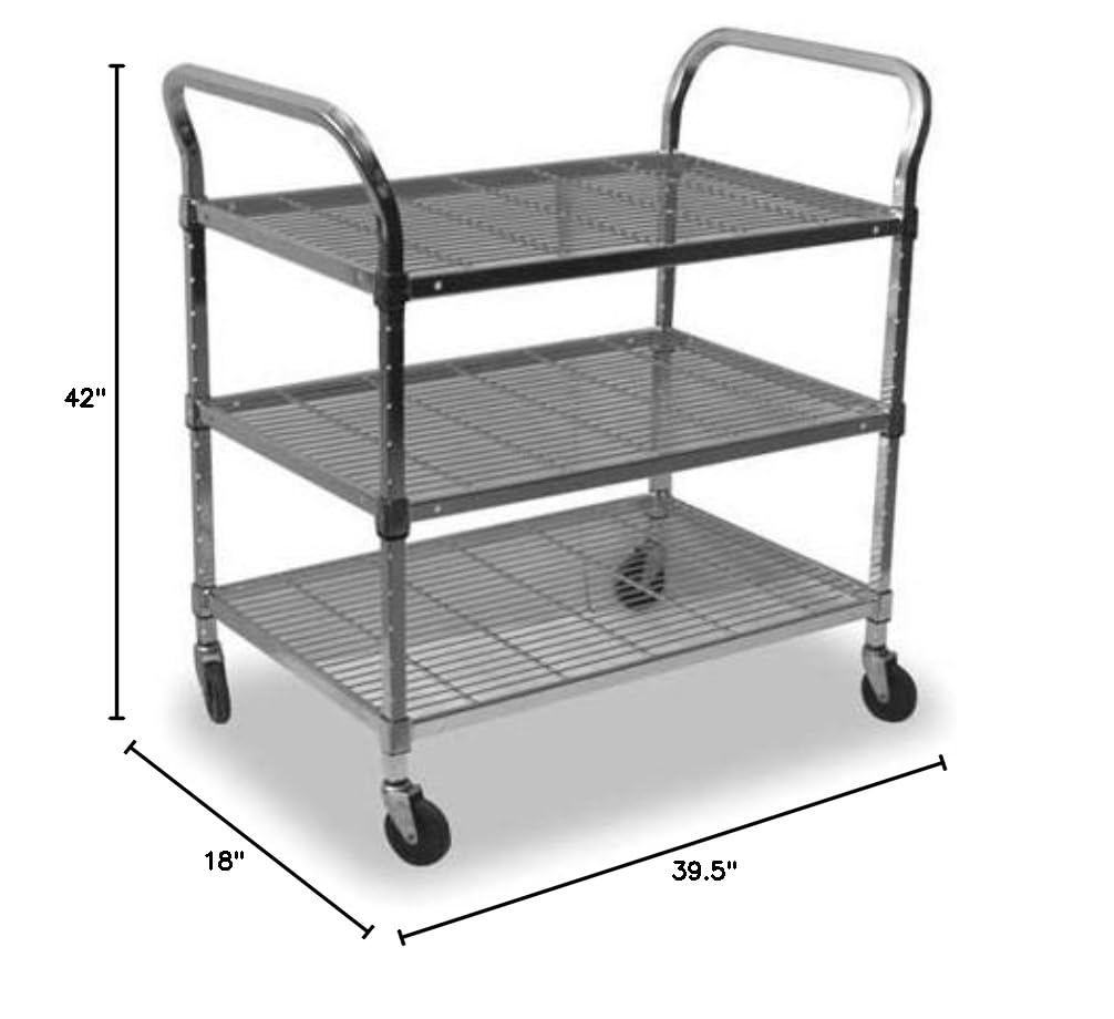 3-Tier Chrome Wire Cart with Wheels - 36x18x39 Inches Rolling Utility Cart for Kitchen, Bathroom, Office, or Garage Storage and Organization
