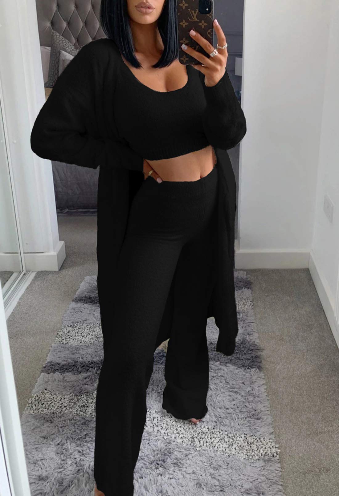 Women's Cozy 3-Piece Fuzzy Sweatsuit Set - Open Front Cardigan, Crop Tank Top & Wide Leg Pants | Lounge Wear, Sleepwear, Casual Outfit for Home & Travel