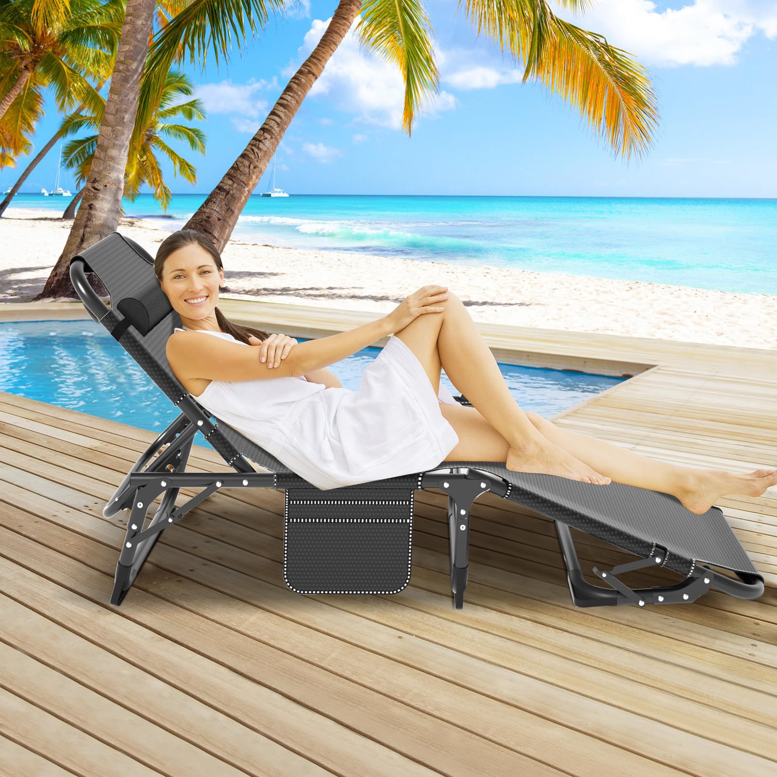 5-Position Reclining Folding Outdoor Chaise Lounge Chair - Portable Patio Sunbathing Chair for Adults, Perfect for Poolside, Beach, Camping, Backyard & Lawn Relaxation | Durable & Comfortable Sun Tanning & Sleeping Cot