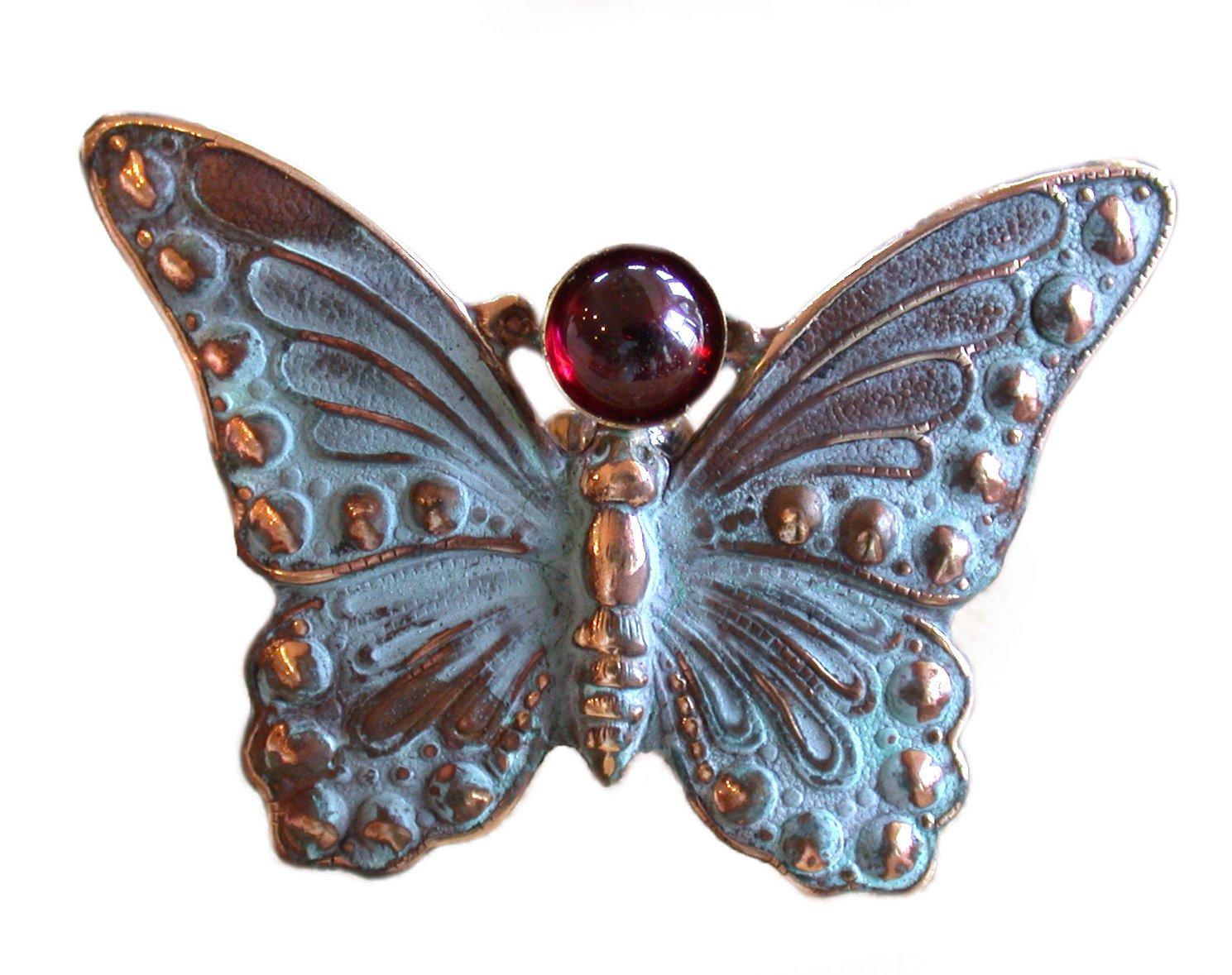 Vintage Verdigris Patina Butterfly Brooch Pin - Genuine Garnet Gemstone - Handcrafted in USA - Perfect for Jewelry Collections, Gift Giving & Special Occasions