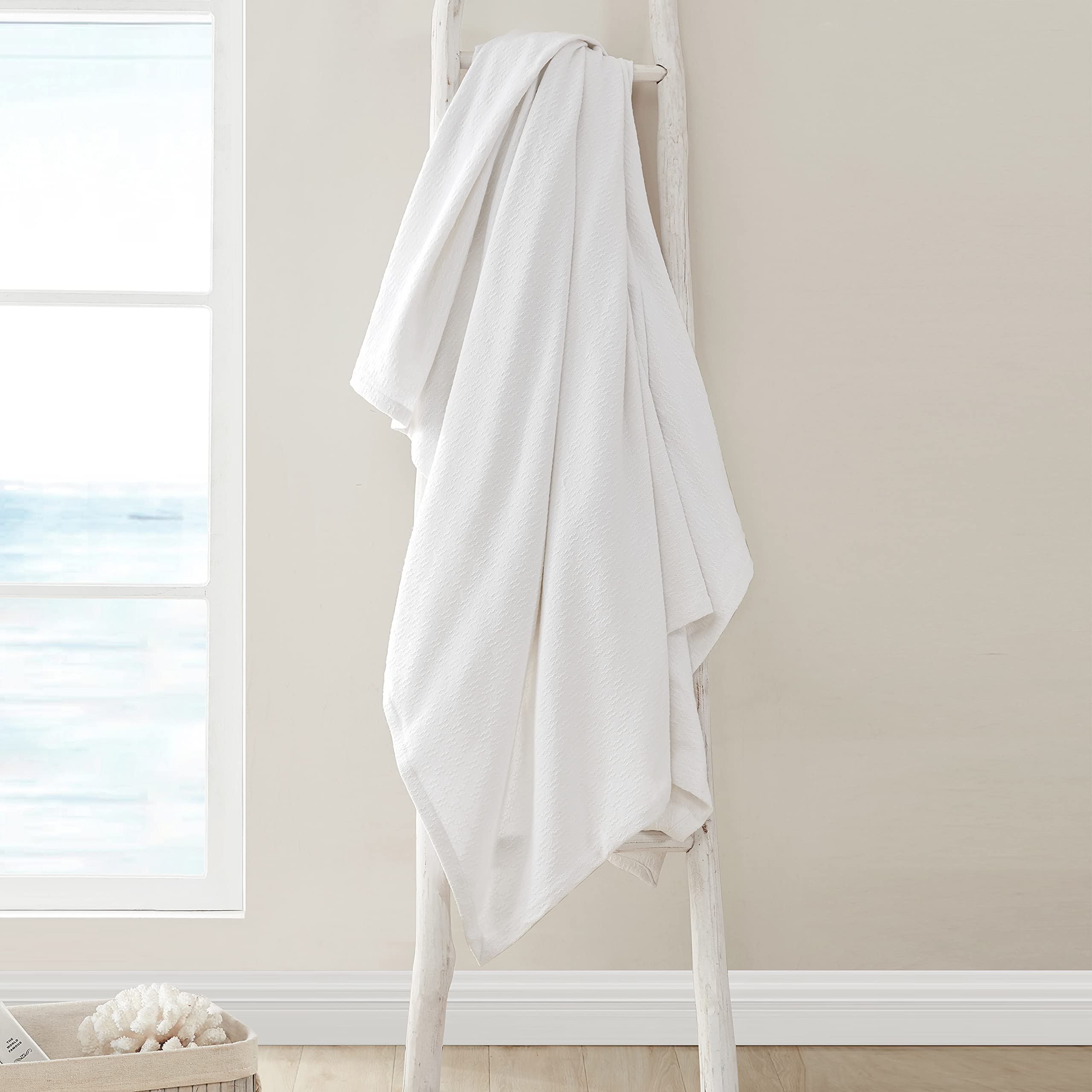Nautica Twin Blanket - Soft 100% Cotton All-Season Bedding Set, Medium Weight (Ripple Cove White) | Cozy Home Decor for Bedroom, Living Room & Travel