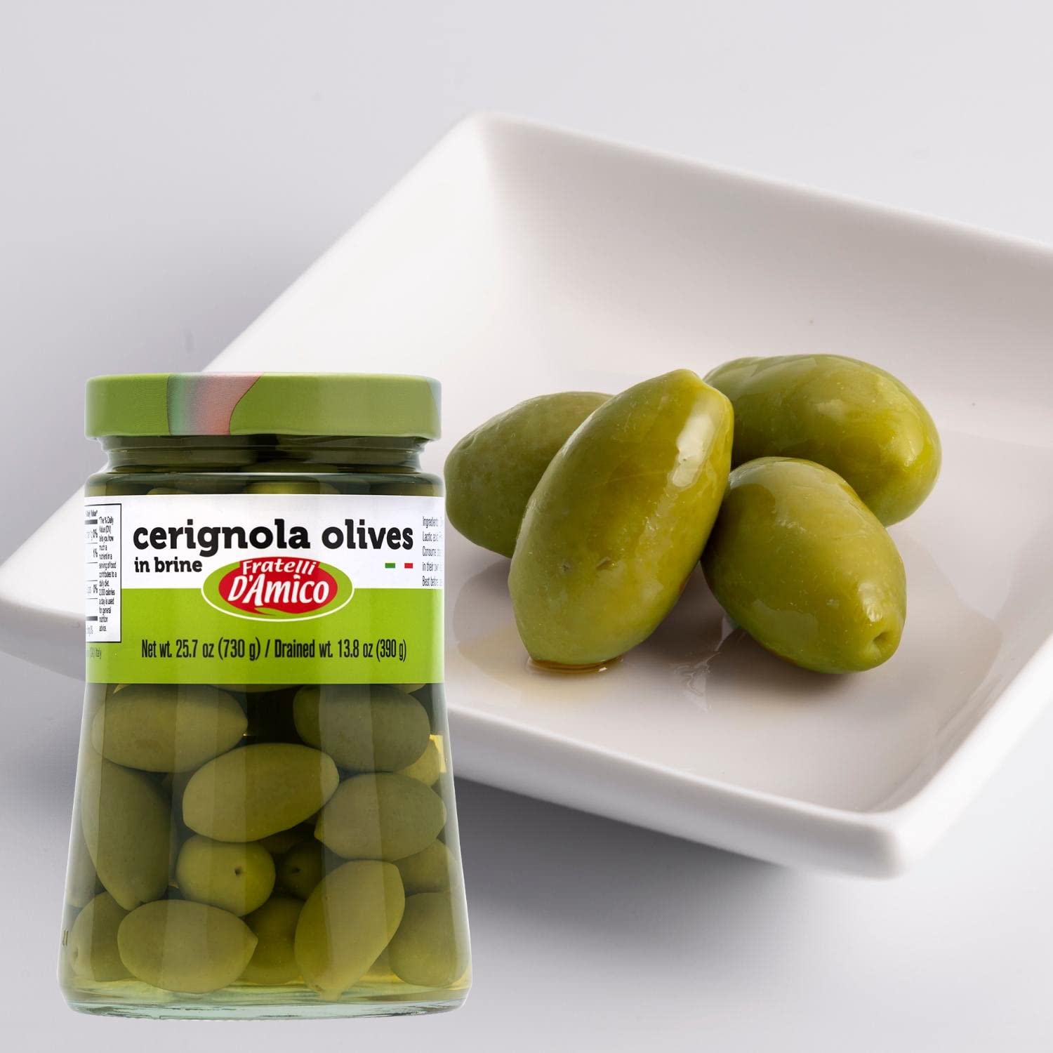 Fratelli D'Amico - Cerignola Green Olives in Brine, 25.7 oz (730g) Family Size Jar | Non-GMO, Italian Imported Olives | Perfect for Salads, Charcuterie Boards & Mediterranean Recipes