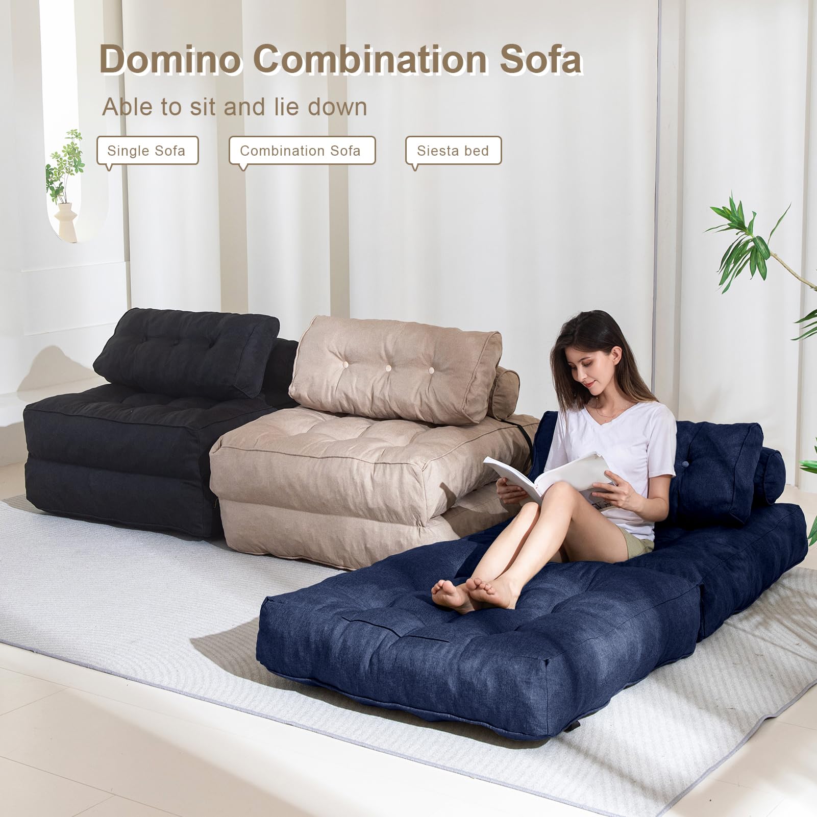MAXYOYO Folding Couch Sofa Bed - Convertible Sleeper Chair with Back Support & Pillow, Navy Blue - Perfect for Small Spaces, Guest Rooms & Apartments