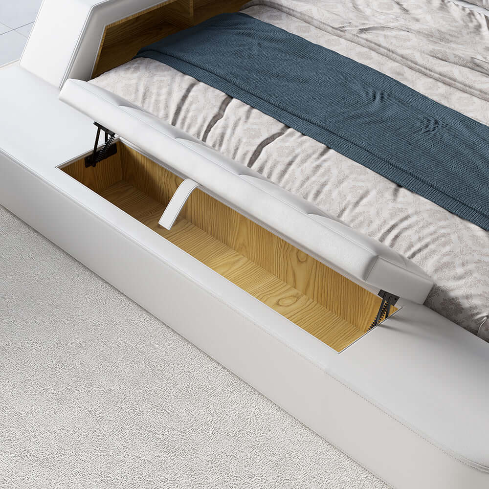 King Size White Smart Bed with Massage & Bluetooth Speaker - Faux Leather Upholstered Adjustable Bed for Ultimate Relaxation | Perfect for Bedroom, Home Theater & Luxury Living Spaces