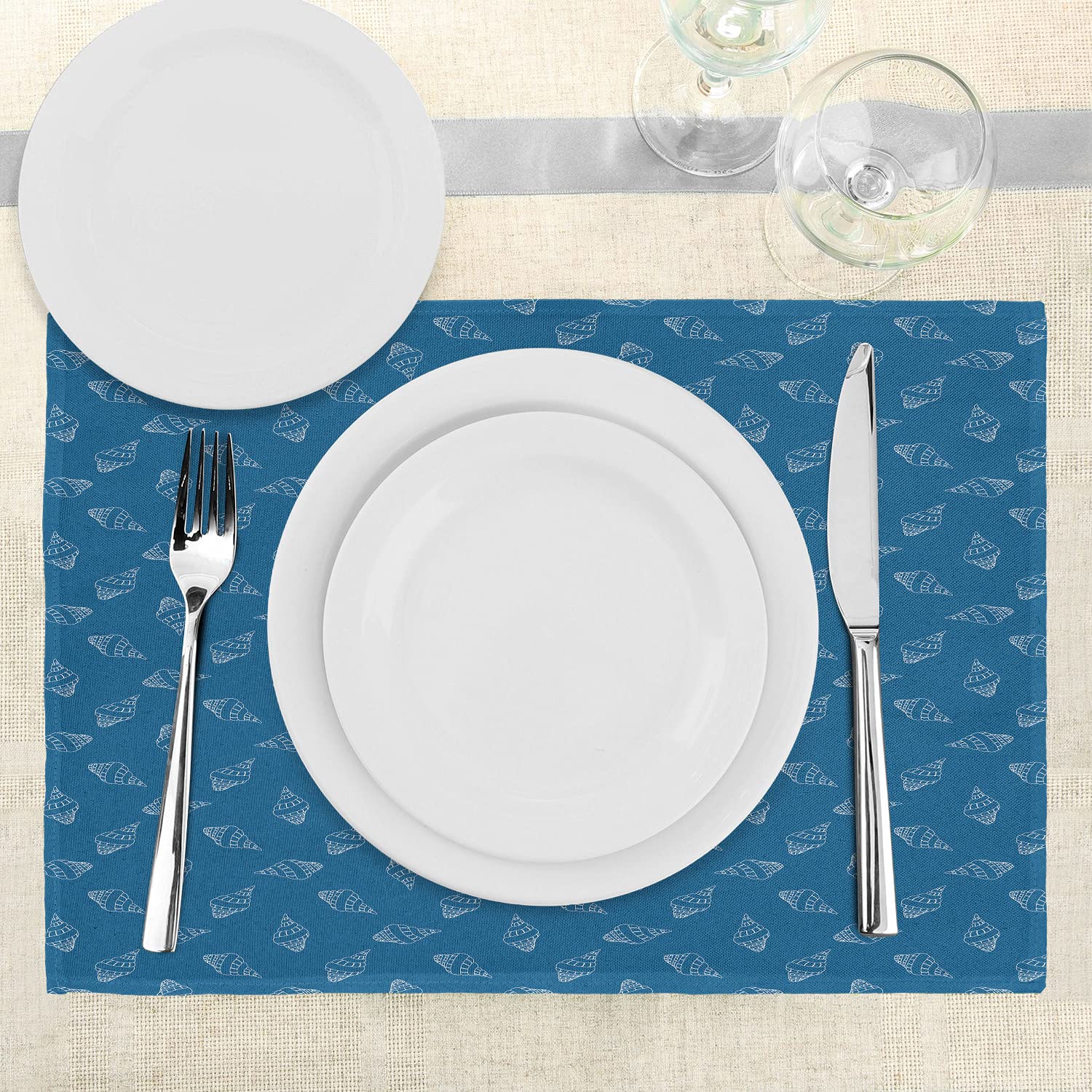 Ambesonne Blue and White Placemats Set of 4 - Abstract Nautical Design with Hand-Drawn Seashells & Spiral Mollusk - Washable Fabric Table Mats for Dining Room & Kitchen Decor - Perfect for Beach House, Coastal Theme, and Everyday Dining Use