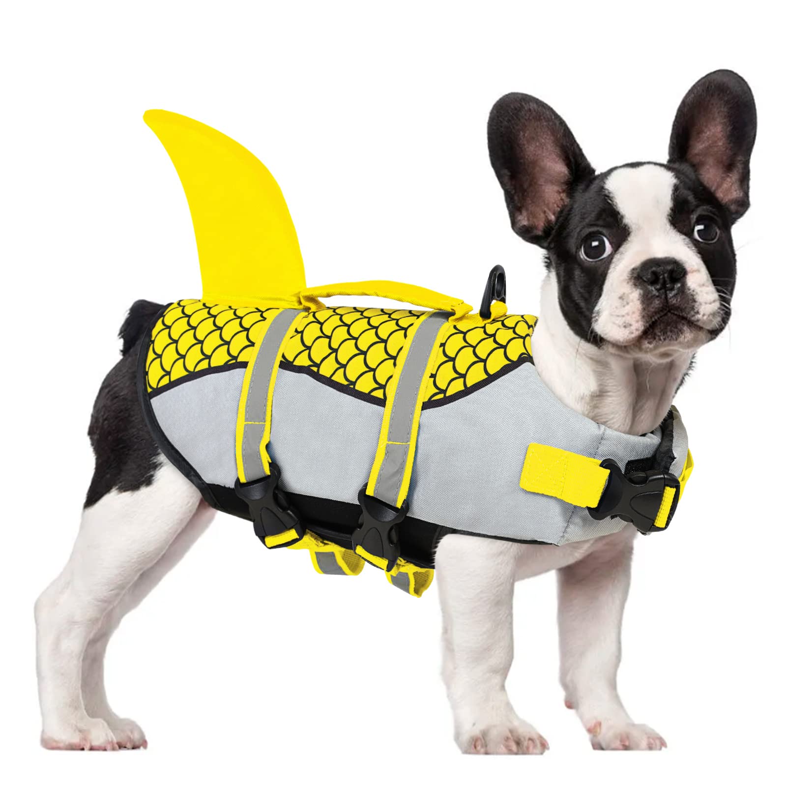 ASENKU Ripstop Dog Life Jacket with Reflective Strips - Shark Design Pet Life Vest for Swimming & Boating Safety - Yellow Shark Floatation Suit for Dogs - Perfect for Beach, Pool & Water Activities
