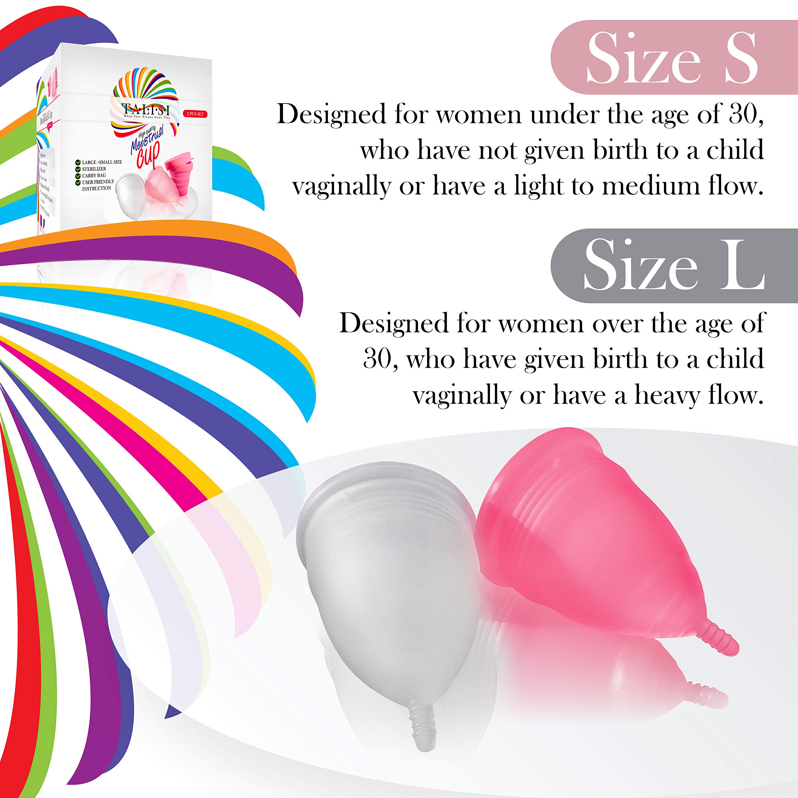 Talisi Reusable Menstrual Cups Set of 2 - Soft Medical Grade Silicone Period Cup Kit with Collapsible Cleaner & Sterilizer - Tampon & Pad Alternative for Light to Heavy Flow (Small & Large Sizes) - Perfect for Travel, Gym, Swimming & Active Lifestyles
