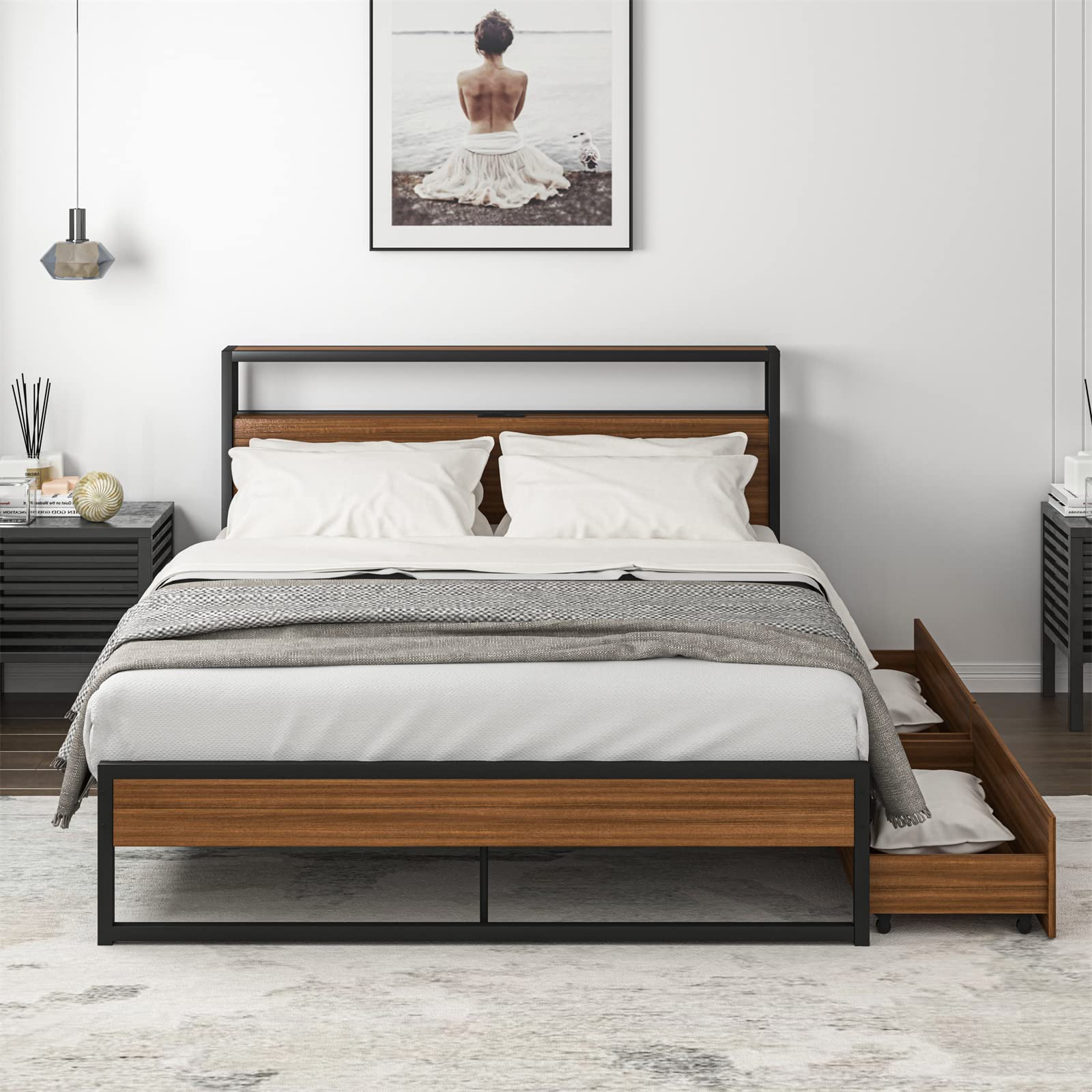 **VERYKE Queen Size Metal Bed Frame with Wooden Headboard - Platform Bed with 2 Storage Drawers, USB Ports & Power Outlets - No Box Spring Needed - Heavy Duty Steel Slats (Black & Brown) - Perfect for Modern Bedrooms, Guest Rooms & Small Spaces**