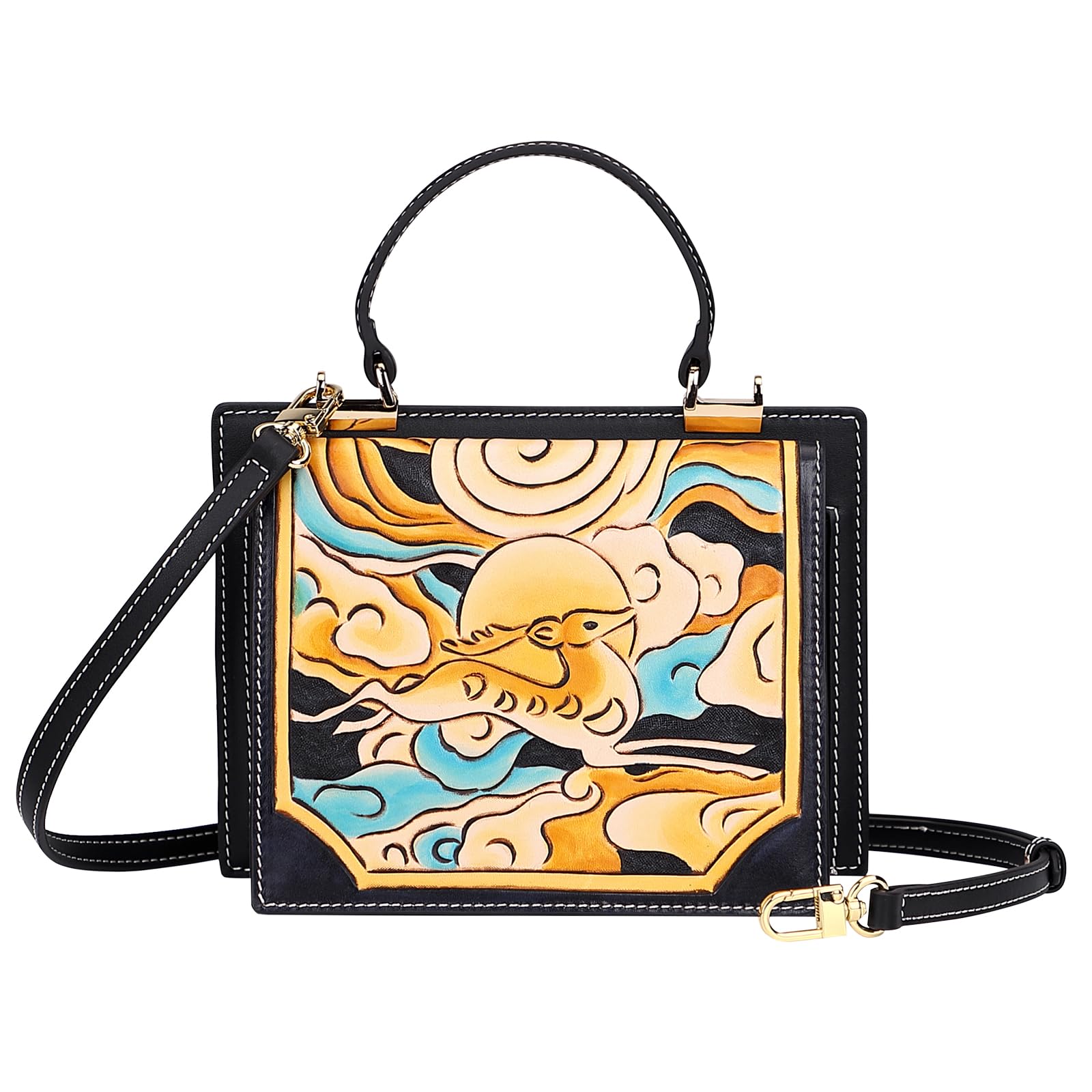 PIJUSHI Handmade Genuine Leather Satchel Purse for Women - Hand Painted Small Crossbody Bag with Top Handle | Perfect for Work, Travel & Everyday Use
