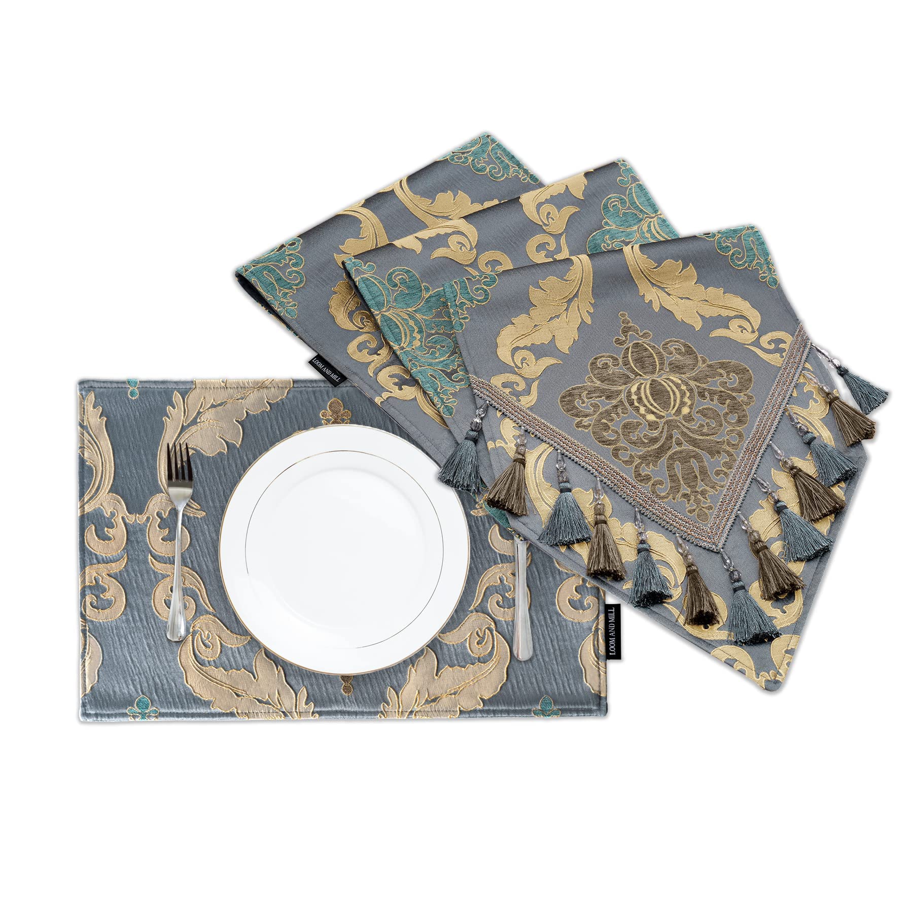 Luxury Thick Damask Jacquard Table Runner Set - 8 PCS 108-inch Long Handmade Table Place Mats with Multi-Tassels & Double-Layer Design, Perfect for Dining Table, Dresser, Party, Banquet, Wedding Decor and Home Decoration