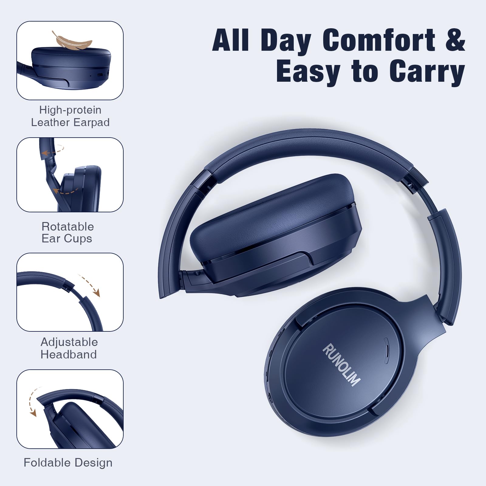 RUNOLIM Hybrid Active Noise Cancelling Wireless Over-Ear Bluetooth Headphones with Microphone - 65H Playtime, Foldable Design, HiFi Audio & Deep Bass - Perfect for Home, Travel, Office & Commuting