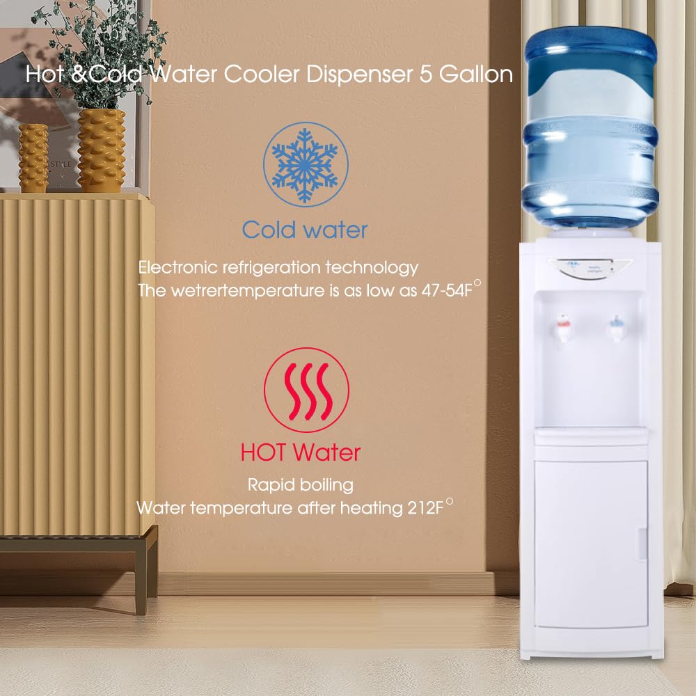 5 Gallon Hot & Cold Top Loading Water Dispenser with Child Safety Lock - Removable Drip Tray & Storage Cabinet - White Water Cooler for Home & Office Use - Perfect for Kitchens, Break Rooms & Waiting Areas