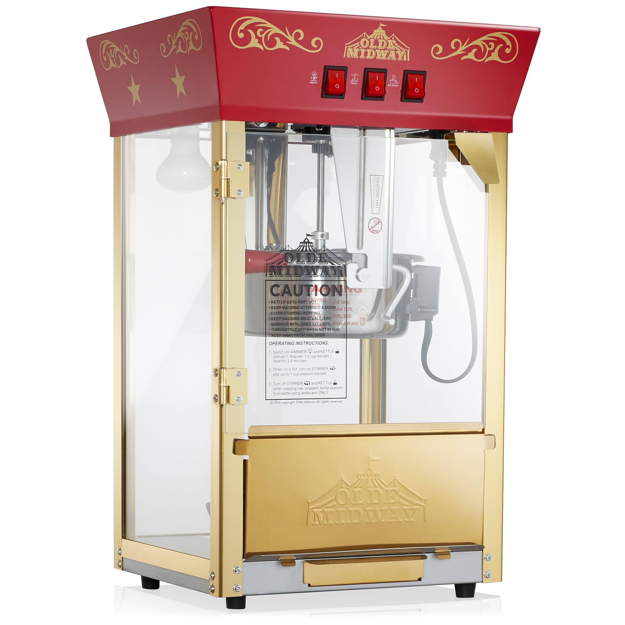 Olde Midway Vintage-Style 8-Ounce Kettle Popcorn Machine - Red Countertop Theater Popper for Home, Parties & Movie Nights