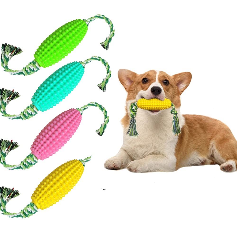 Durable Dog Chew Toys for Aggressive Chewers - Corn Shaped Interactive Puzzle Toy with Rope & Toothbrush for Teeth Cleaning - Treat Dispenser for Large, Medium & Small Dogs - Perfect for Playtime, Training & Dental Care (Yellow)