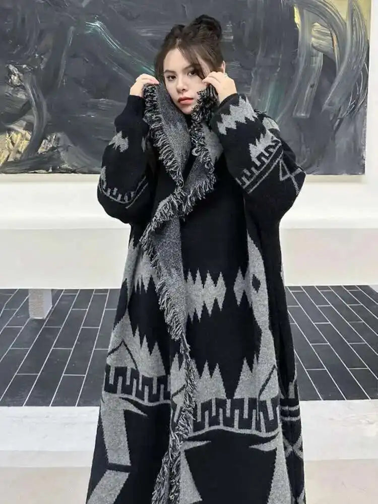 Black Oversized Knit Long Cardigan Sweater for Women - Loose Lapel Long Sleeve Chunky Knitwear - 2025 New Fashion Spring/Autumn Coat (Style 1DH2277) - Perfect for Layering, Office Wear & Casual Outfits