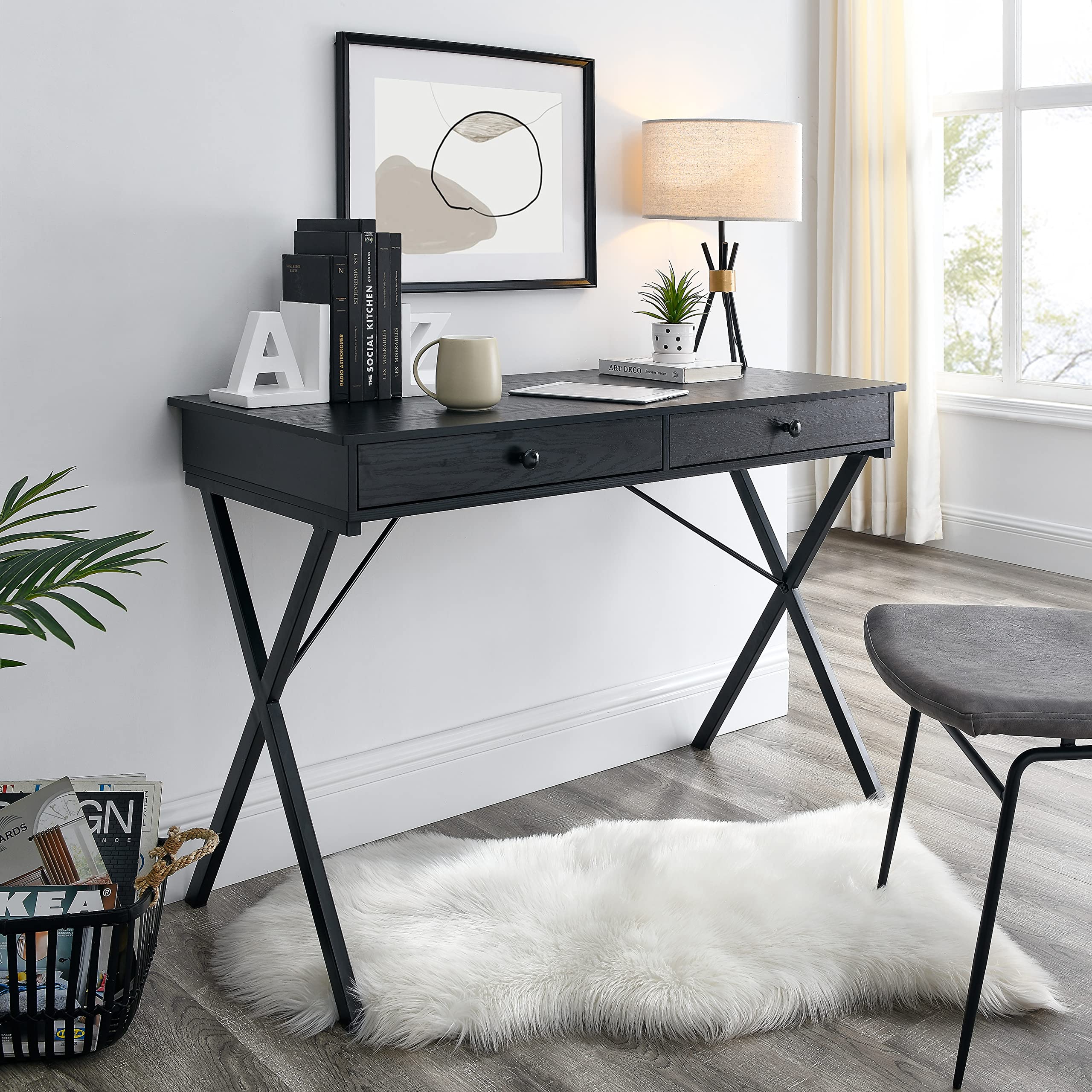 Black Makeup Vanity Dressing Table with 2 Drawers & Steel Frame - MDF Table Top for Bedroom, Office or Study - Perfect as Computer Desk, Writing Table & Beauty Station