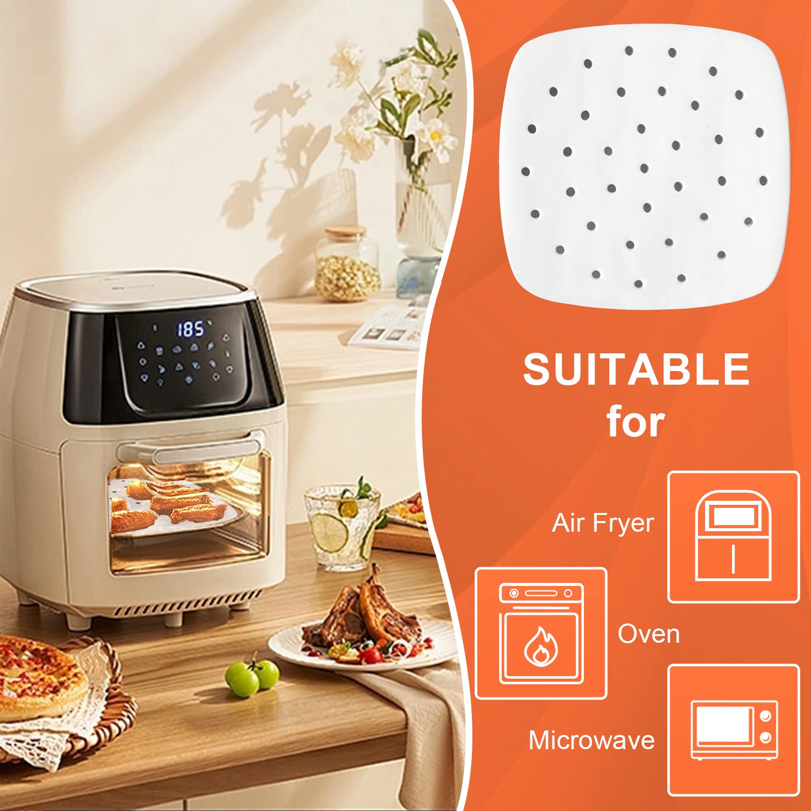 Numola 100-Pack 8 Inch Perforated Air Fryer Liners - Disposable Parchment Paper Sheets for Baking, Non-Stick Square Steamer Liners - Perfect for Air Fryers, Ovens, Microwaves & Steaming Baskets - Ideal for Healthy Cooking, Meal Prep & Quick Cleanup