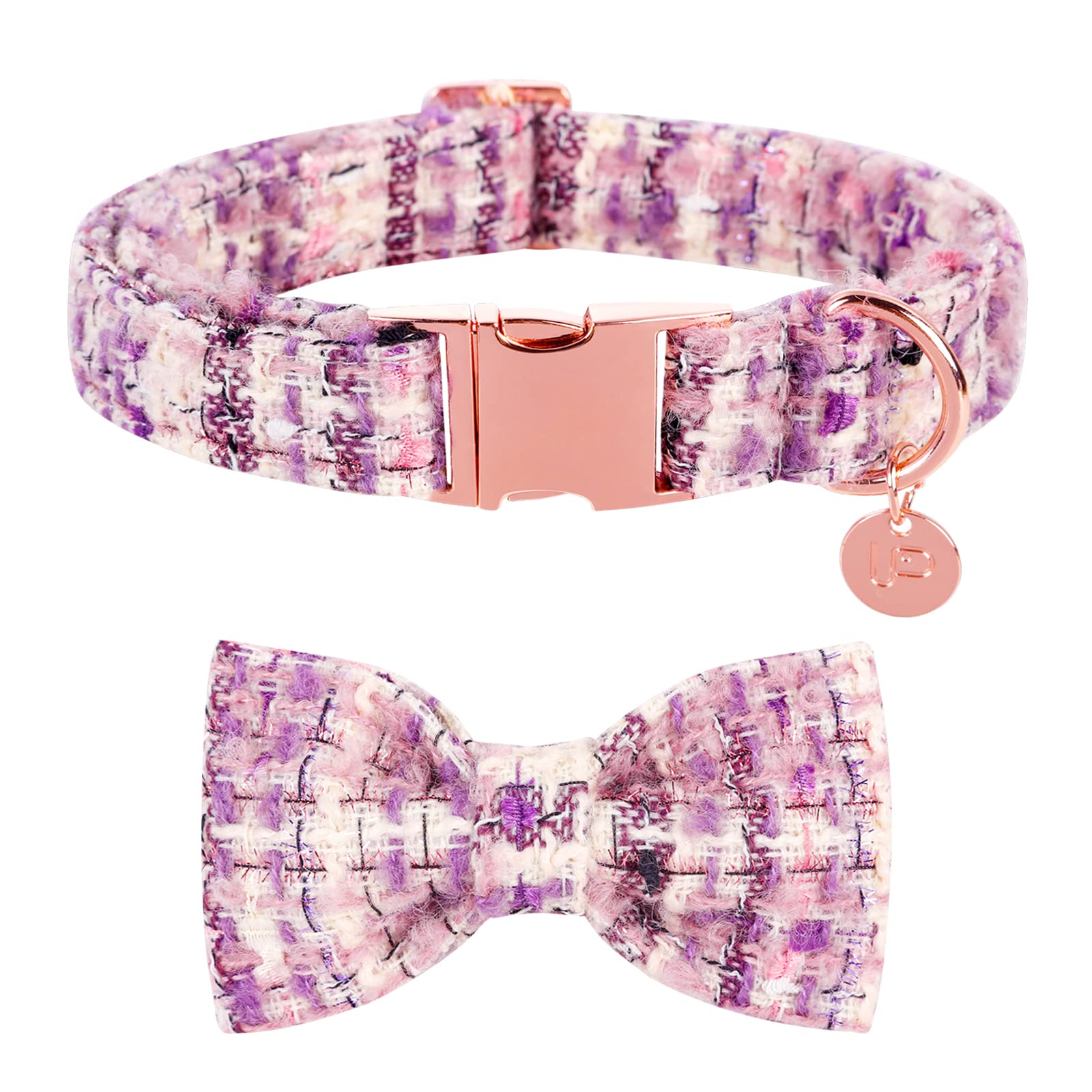 UP URARA PUP Adjustable Dog Collar with Bow Tie - Soft Polyester Cotton Tweed Pet Collar with Metal Buckle for Small, Medium & Large Dogs - Perfect for Puppies, Boys & Girls - Great for Parties, Photos & Gifts
