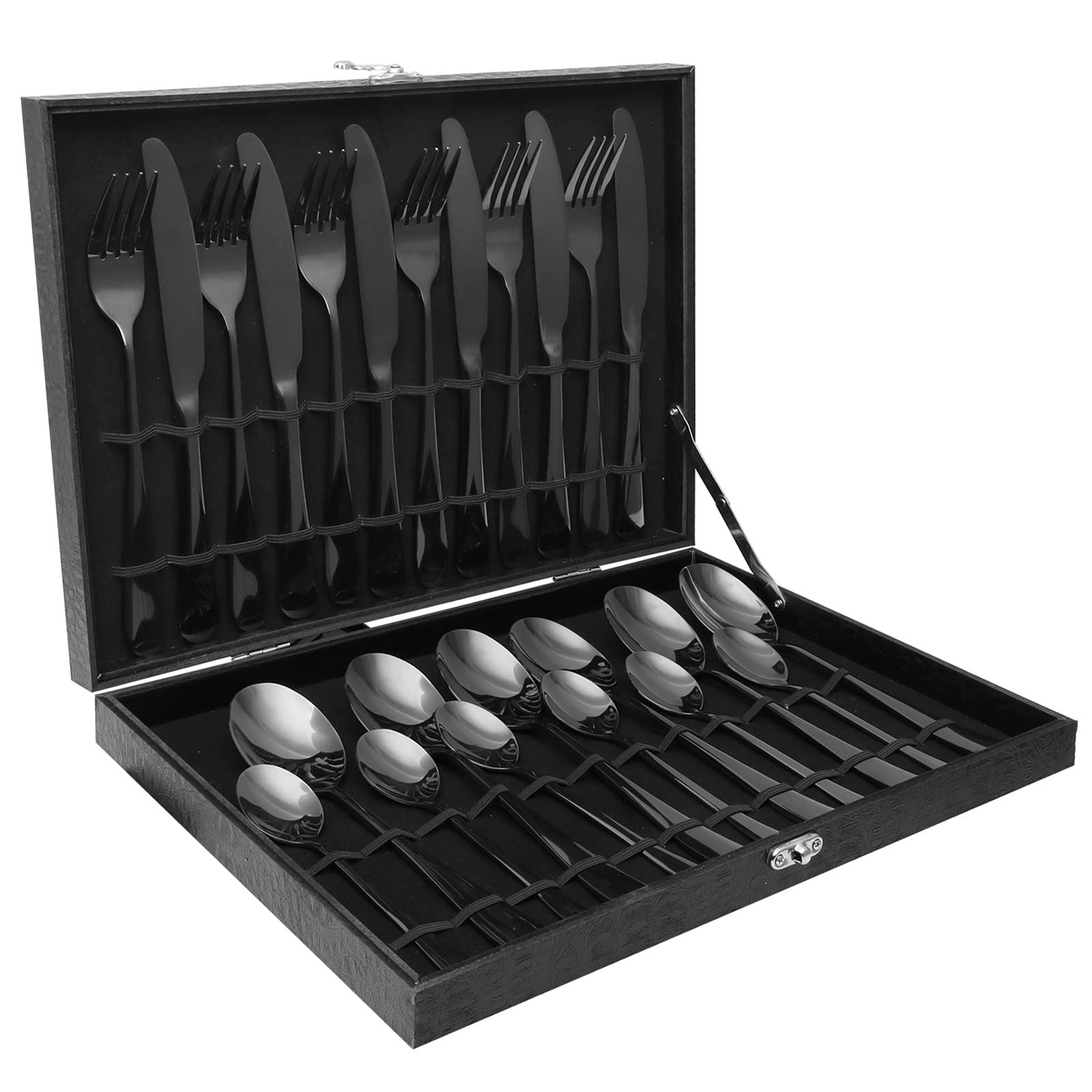 Premium 24-Piece Stainless Steel Flatware Set - Black Mirror Finish Silverware with Knife, Fork, Spoon & Teaspoon for 6 - Elegant Dining & Gift Set for Weddings, Parties & Everyday Use