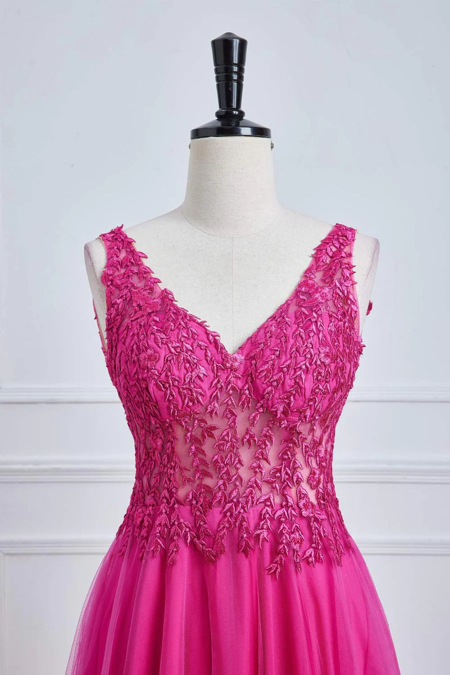 Fuchsia A-Line Long Prom Dress with Plunging V-Neck & Floral Design - Elegant Evening Gown for Homecoming, Formal Dances & Special Occasions