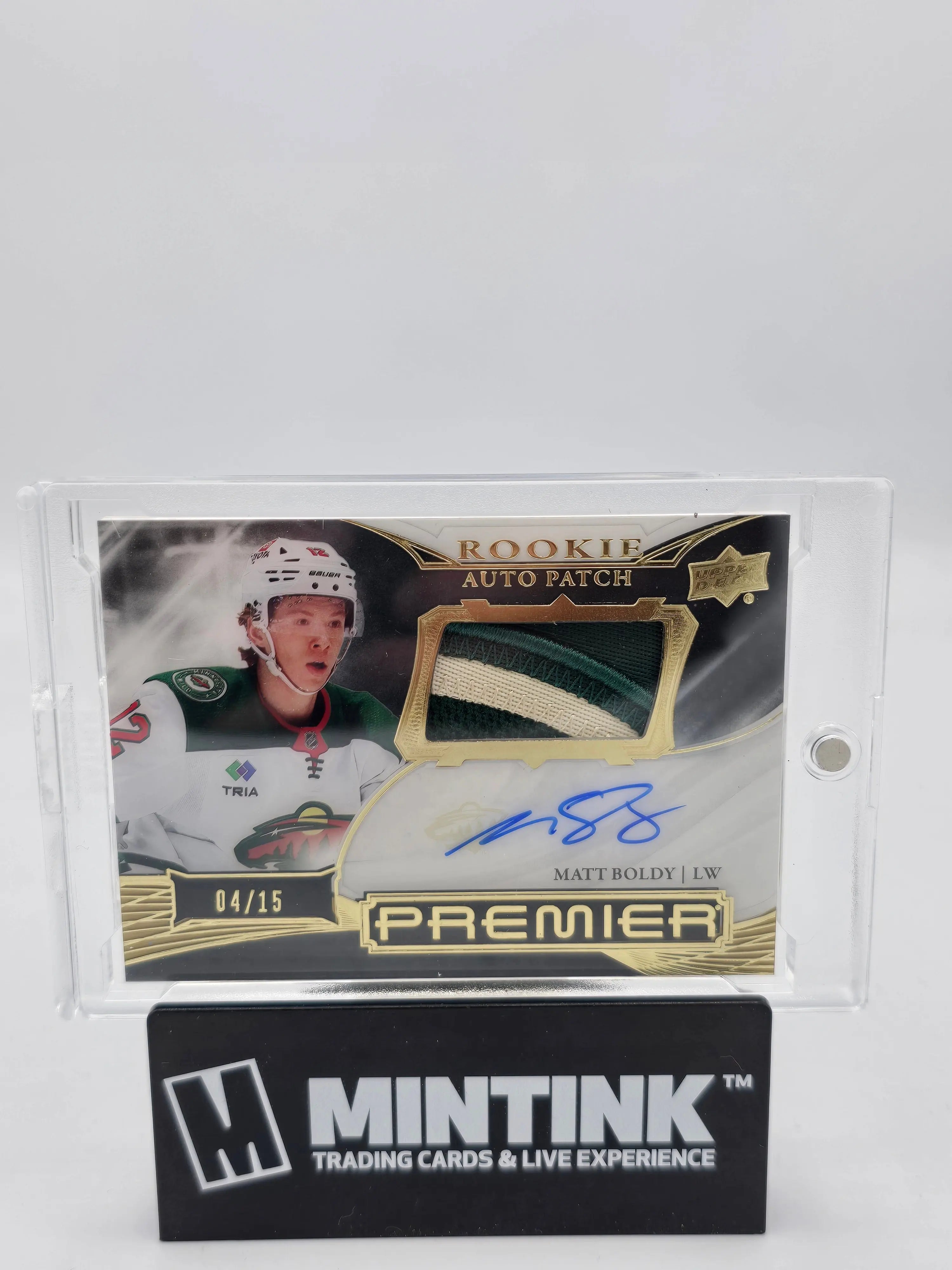 2022-23 Upper Deck Premier Hockey Matt Boldy Rookie Patch Auto Gold Foil /15 - Rare Collectible Hockey Card for NHL Fans and Sports Memorabilia Collectors - Perfect for Display, Trading, and Investment