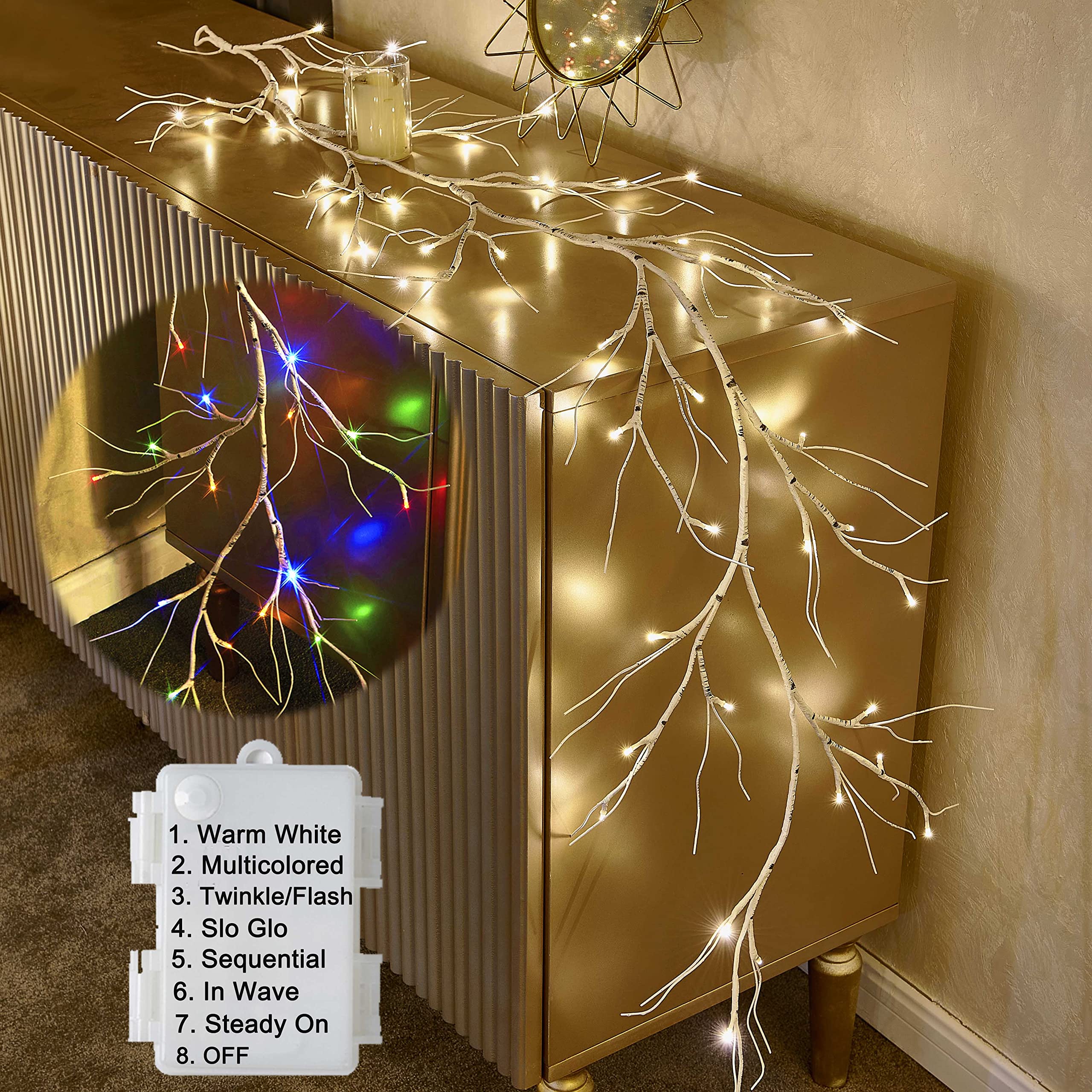 Battery Operated 6FT Lighted Birch Garland with 8 Lighting Modes & 48 Warm White/Multi-Color LED Lights - Christmas Fireplace Decor, Holiday Indoor Outdoor Decoration for Mantel, Windows, Parties and Wedding Events