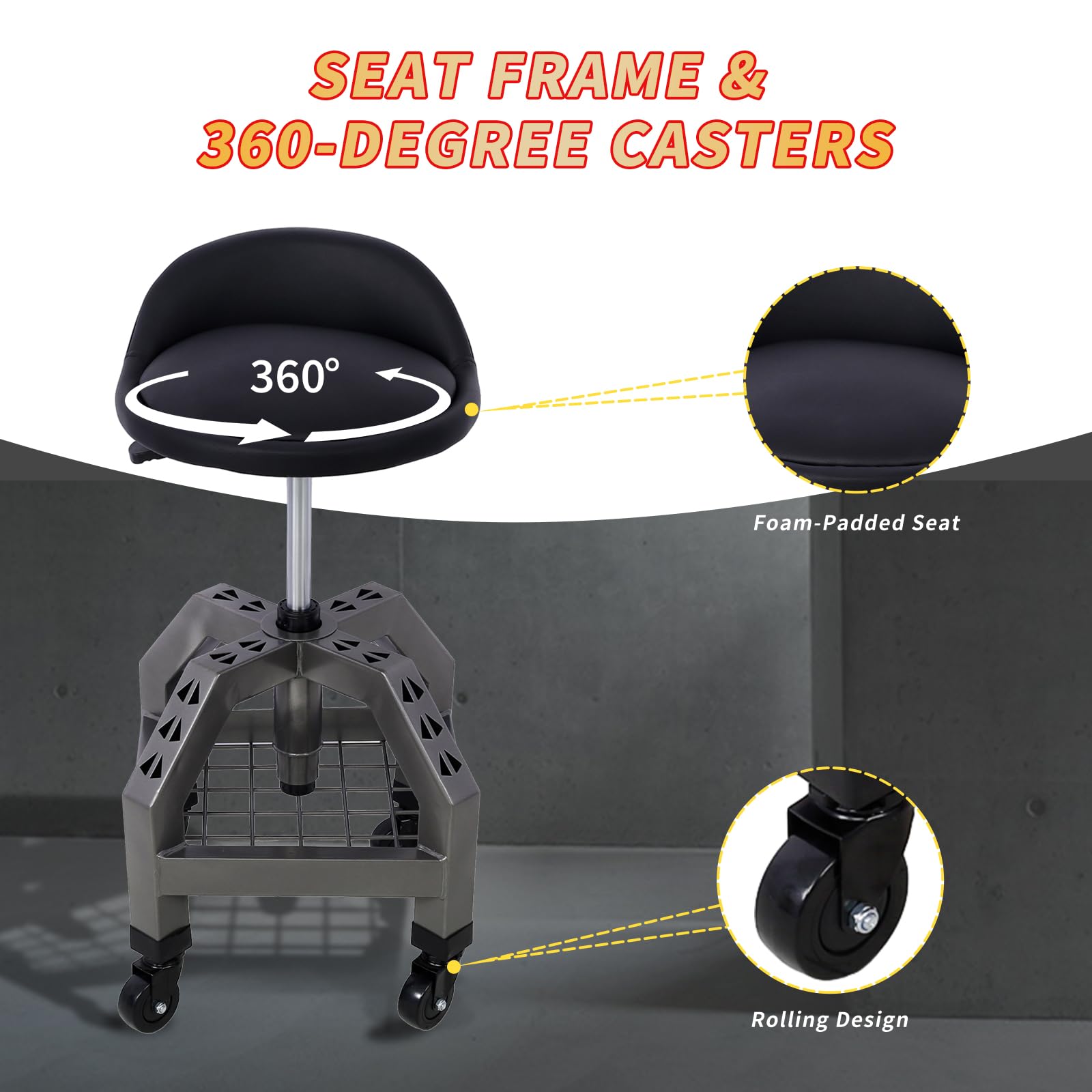 360 Swivel Rolling Shop Stool with Adjustable Height & Tool Tray Storage - 300 Lbs Capacity Gray Stool for Garage, Workshop, or Industrial Use