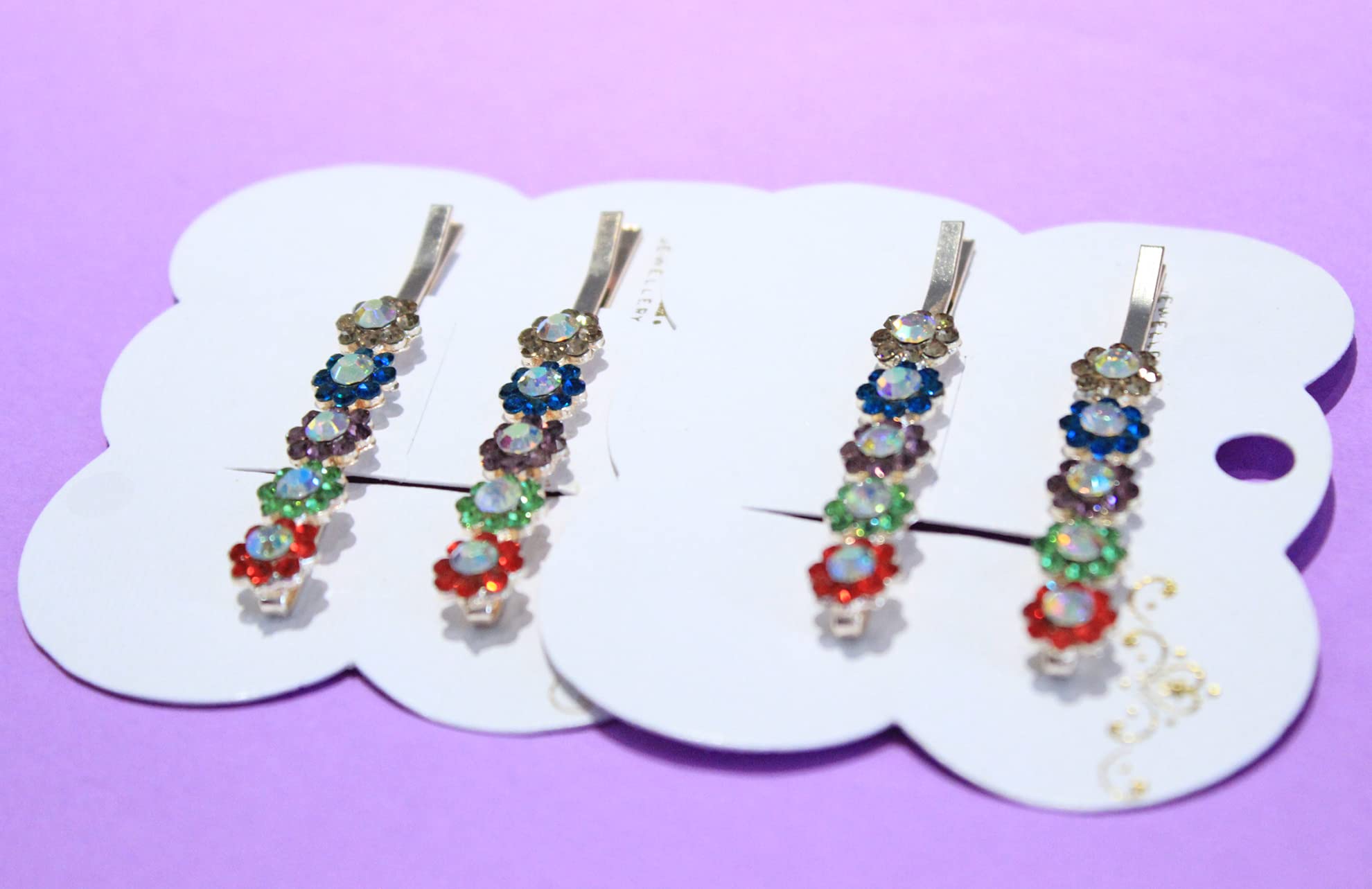 Multicolor Gold Plated Crystal Rhinestone Floral Hairpins for Women & Girls - Elegant Hair Clips for Weddings, Parties & Daily Use (Pack of 4)