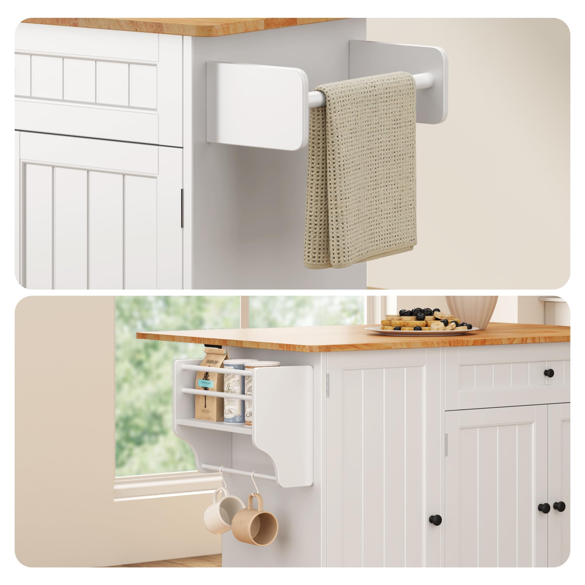 Ahomly Kitchen Island with Storage - White Drop Leaf Table with 5 Wheels, Internal Storage Rack, Drawer, Spice Rack & Towel Bar - Perfect for Small Kitchens, Dining Prep & Extra Counter Space