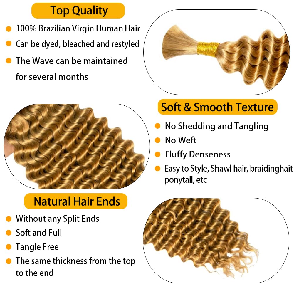 Deep Wave Bulk Human Hair Extensions for Braiding - 100% Virgin Human Hair, No Weft, Honey Blonde (50g/Bundle X2, 27# - 30inch) - Perfect for Boho Braids, Crochet Styles & Protective Hairstyles