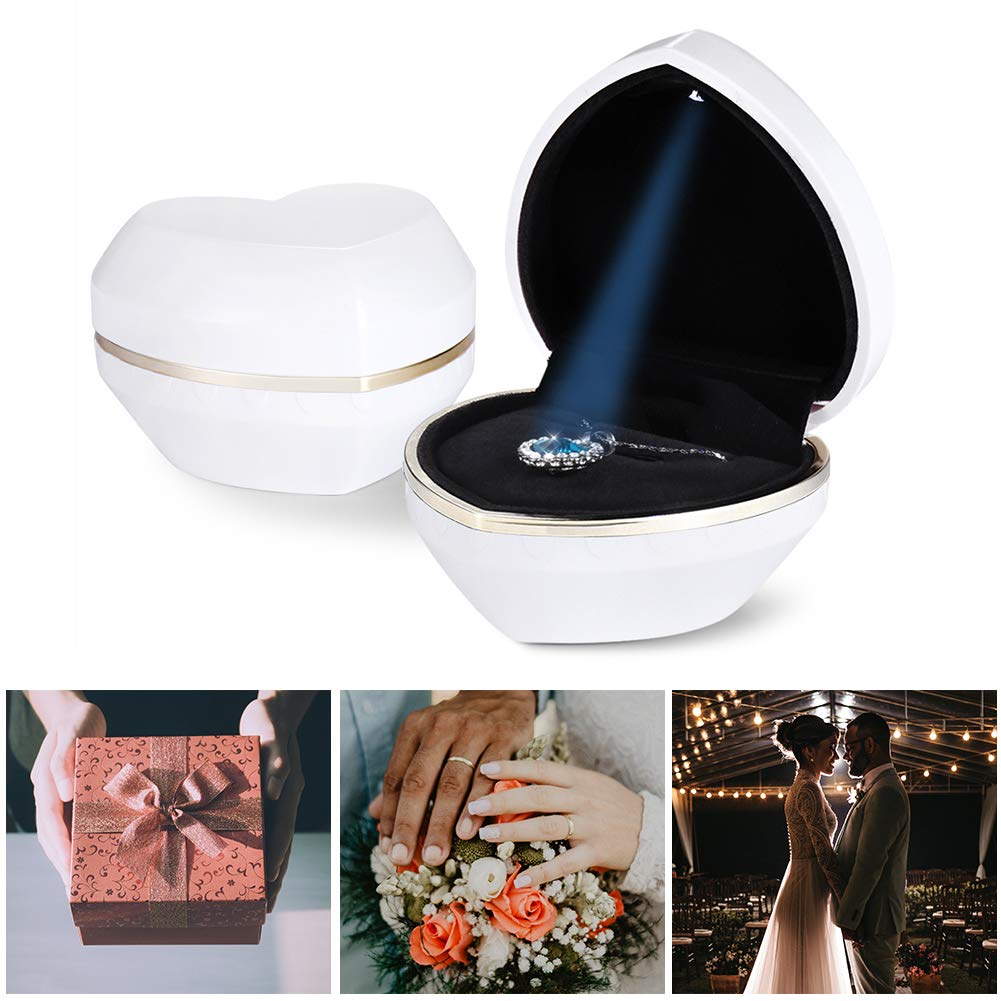 LED Heart Shaped Jewelry Gift Box - Elegant Velvet Ring Display Case with Lights for Diamond Pendant Necklace | Perfect for Wedding Proposals, Engagement Gifts & Valentine's Day Presents (White)
