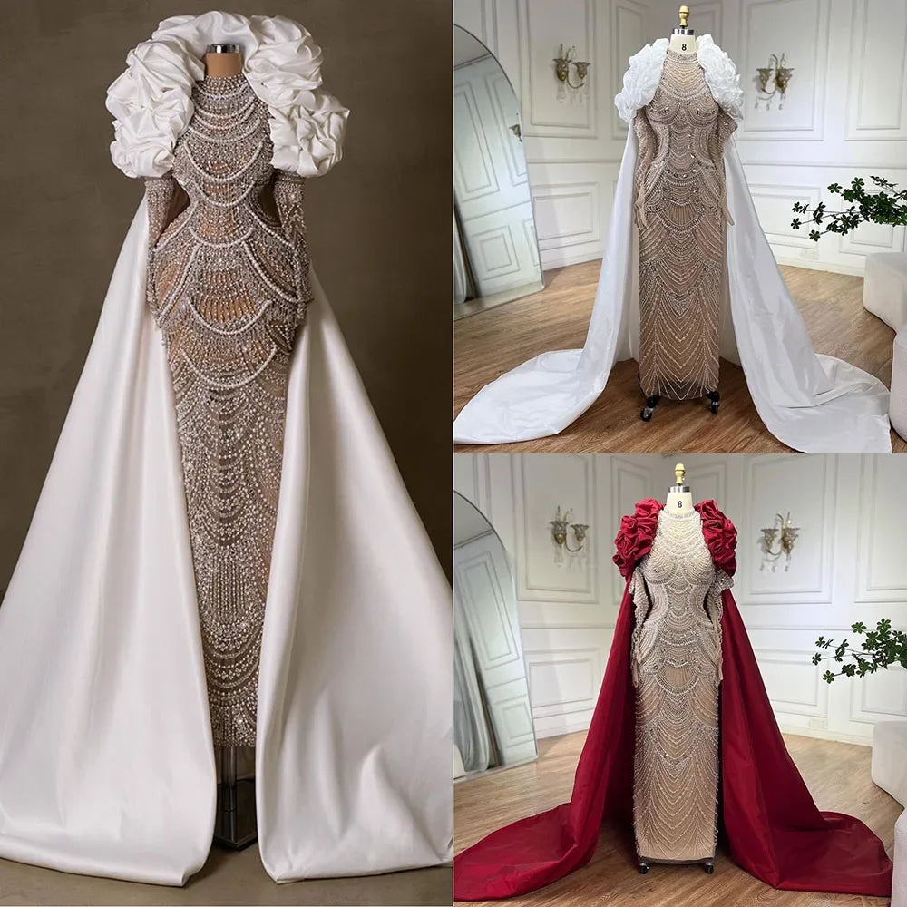 Luxury Dubai Arabian White Pearl Beaded Mermaid Evening Gown - Elegant Formal Dress for Weddings, Galas & Special Occasions