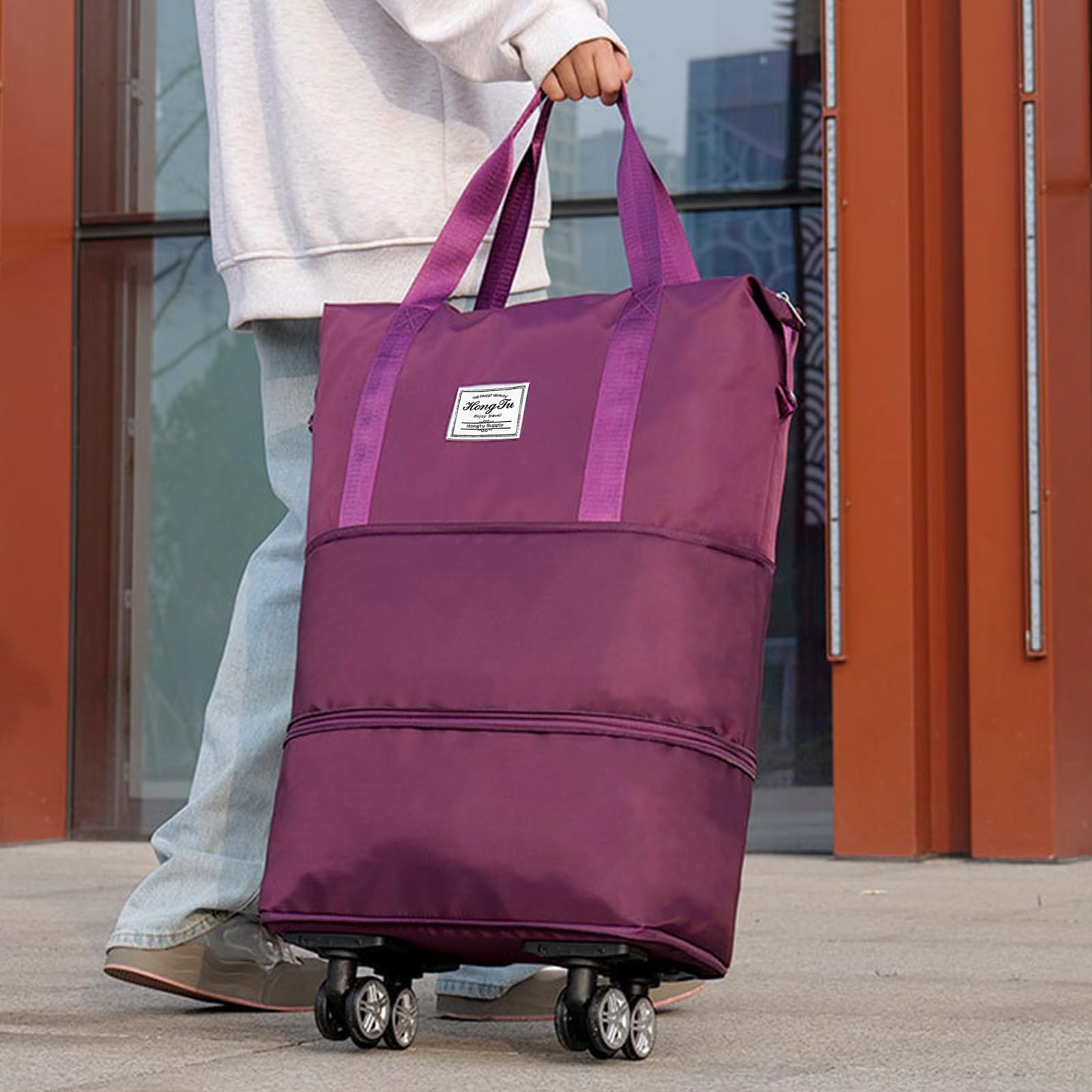 Expandable Rolling Duffle Bag with Detachable Wheels - Foldable Travel Luggage Carry-On for Weekend Trips & Gym (Fuchsia) - Perfect for Air Travel, Business Trips & Sports Equipment Storage