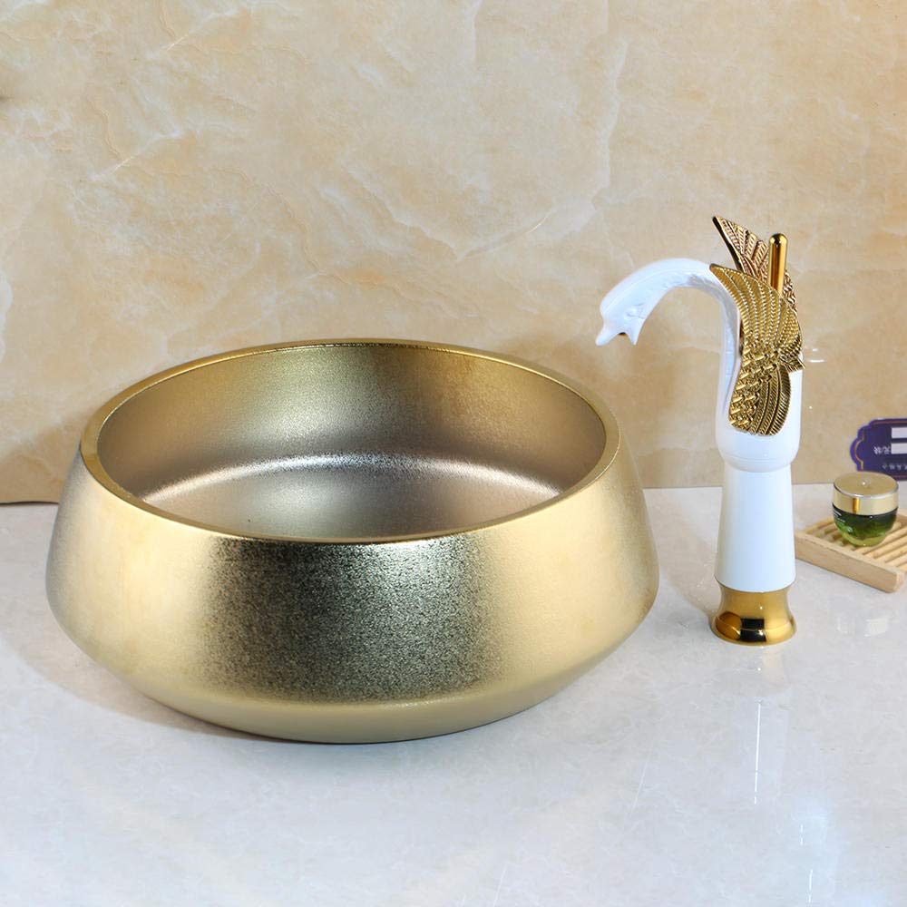 Luxury Handmade Ceramic Gold Vessel Sink with Swan Faucet Set - Modern Bathroom Wash Basin & Deck Mounted Mixer Tap for Vanity, Powder Room, Master Bath (White & Gold)