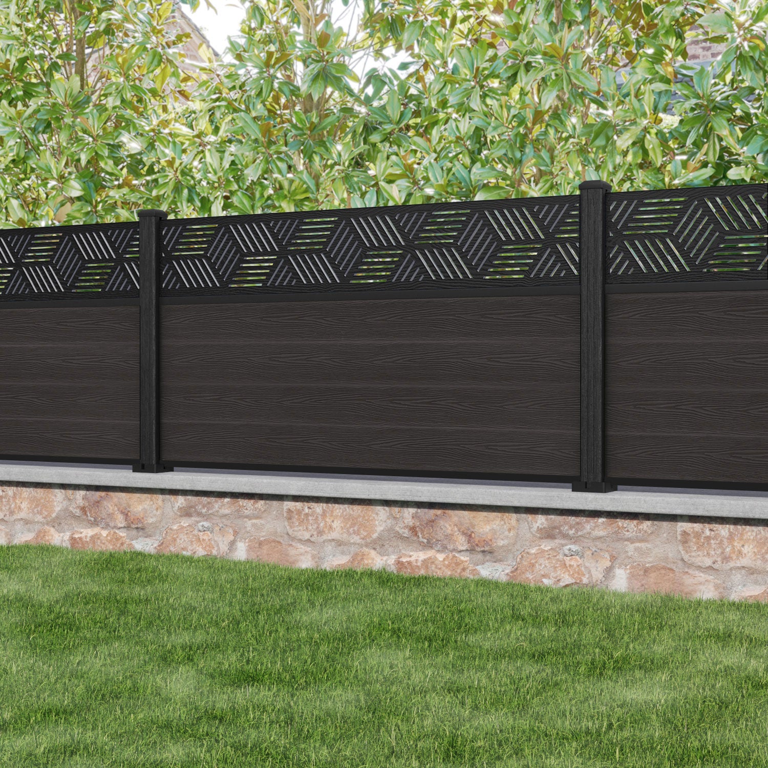 Classic Cubed Fence Panel - Dark Oak Composite Wood Privacy Fence with Sturdy Posts | Perfect for Backyard, Garden, and Patio Enclosures