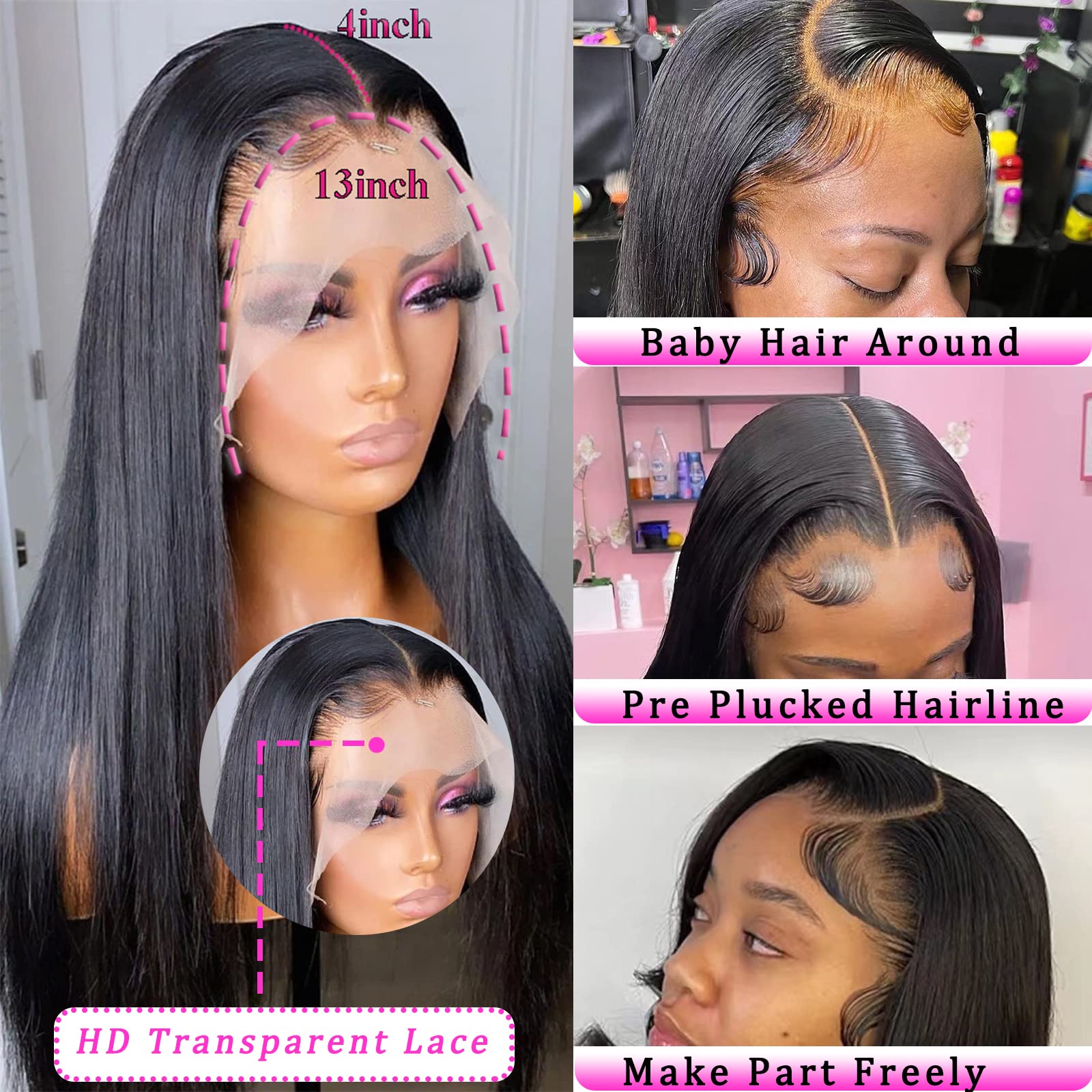 13x4 HD Transparent Lace Front Human Hair Wigs - Brazilian Virgin Hair Straight Lace Front Wig for Black Women | Glueless 180% Density with Pre-Plucked Hairline & Baby Hair | Perfect for Daily Wear, Special Occasions & Protective Styling