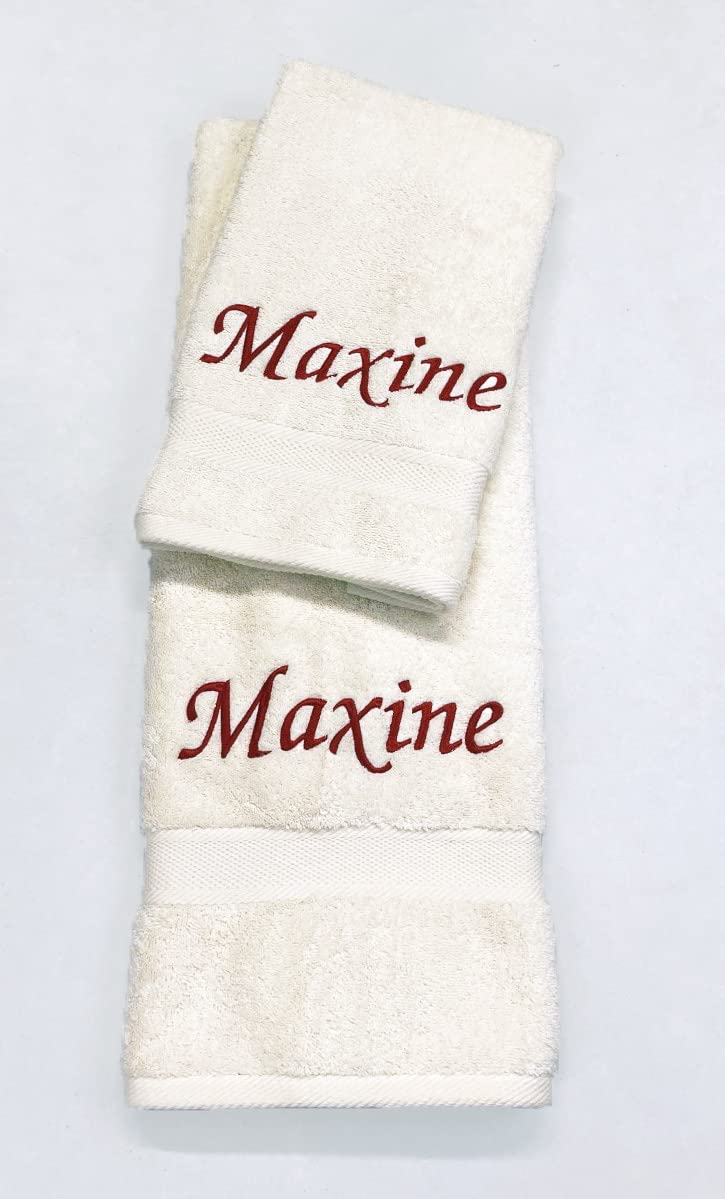 Personalized Monogrammed Bath & Hand Towel Set - Custom Embroidered Cotton Towels (1 Bath + 1 Hand Towel, Cream) - Perfect for Guest Bathrooms, Wedding Gifts & Luxury Home Decor