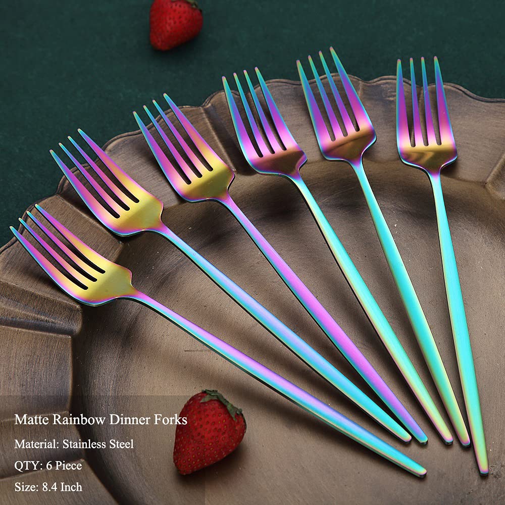 6-Piece Stainless Steel Rainbow Dinner Forks Set - 8.4