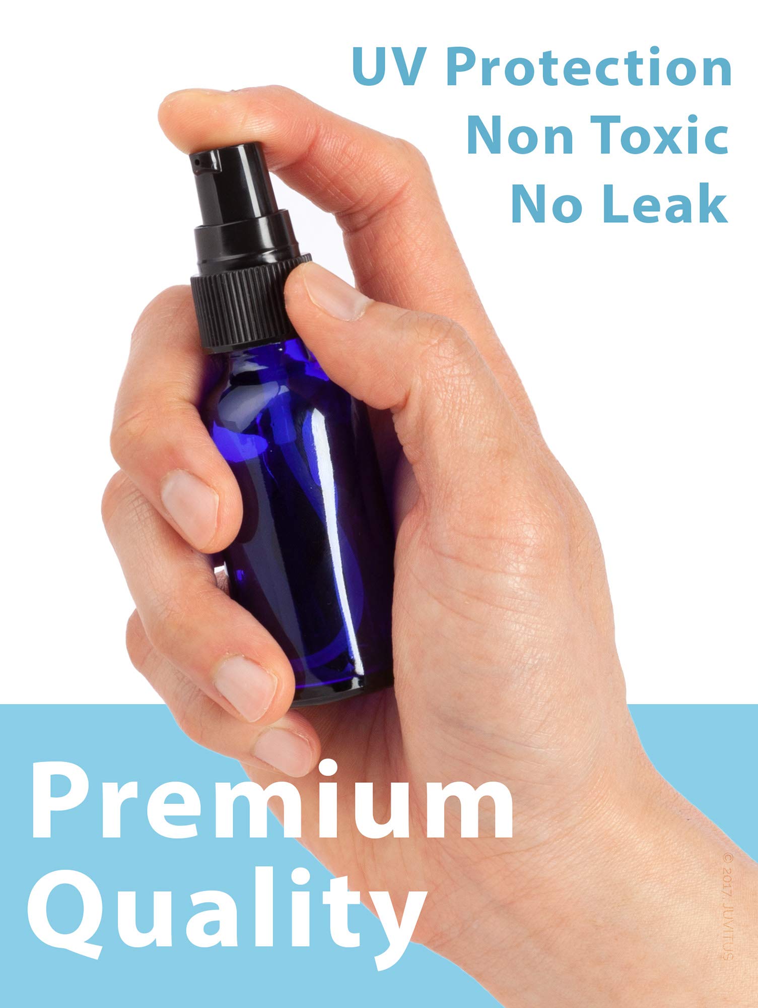JUVITUS 12 Pack 1 oz Cobalt Blue Glass Boston Round Bottles with Black Treatment Pump & Funnel - Essential Oil, Lotion, and DIY Beauty Supplies Storage - Perfect for Home, Salon, and Travel Use