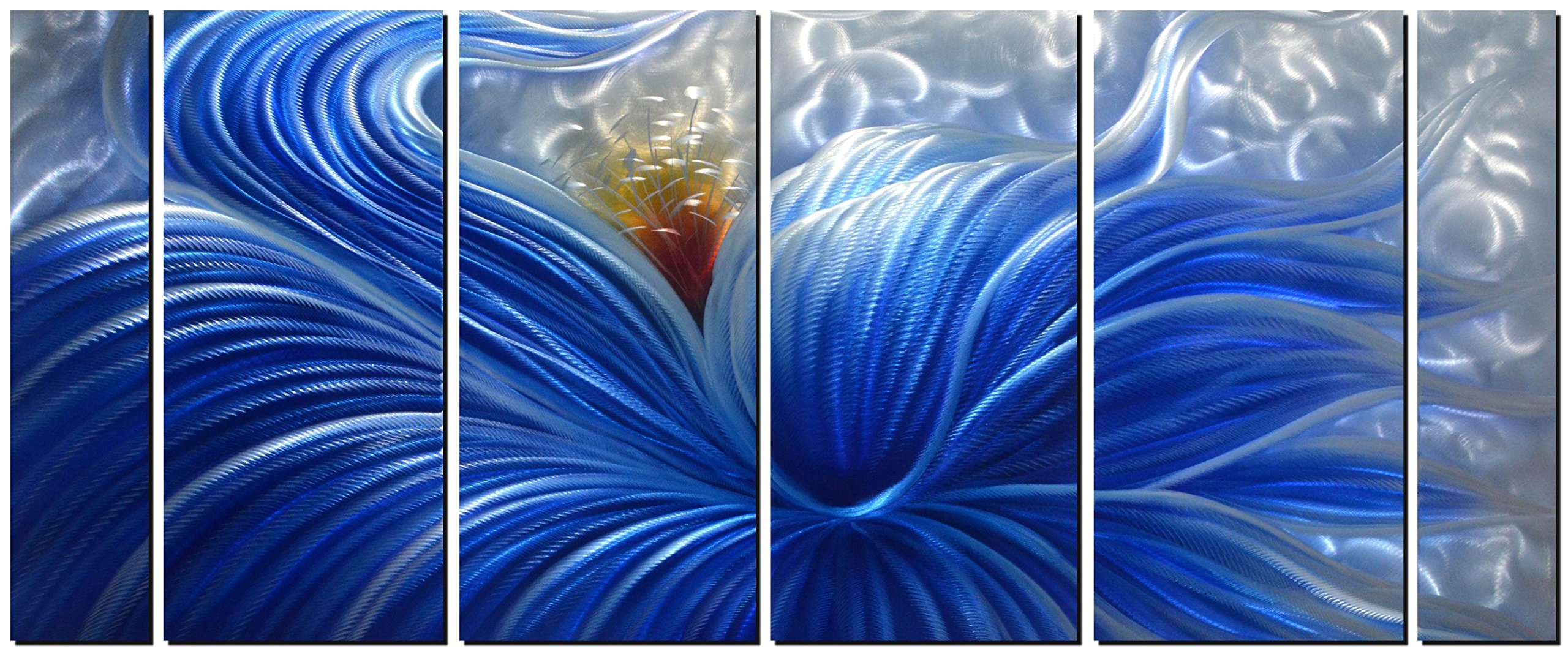 Large Blue Flower Metal Wall Art - Abstract Modern Contemporary Home Decor - Indoor Outdoor Metal Wall Sculpture - 6 Panel Set 65x24 Inches - Perfect for Living Room, Bedroom, Office & Garden Decor