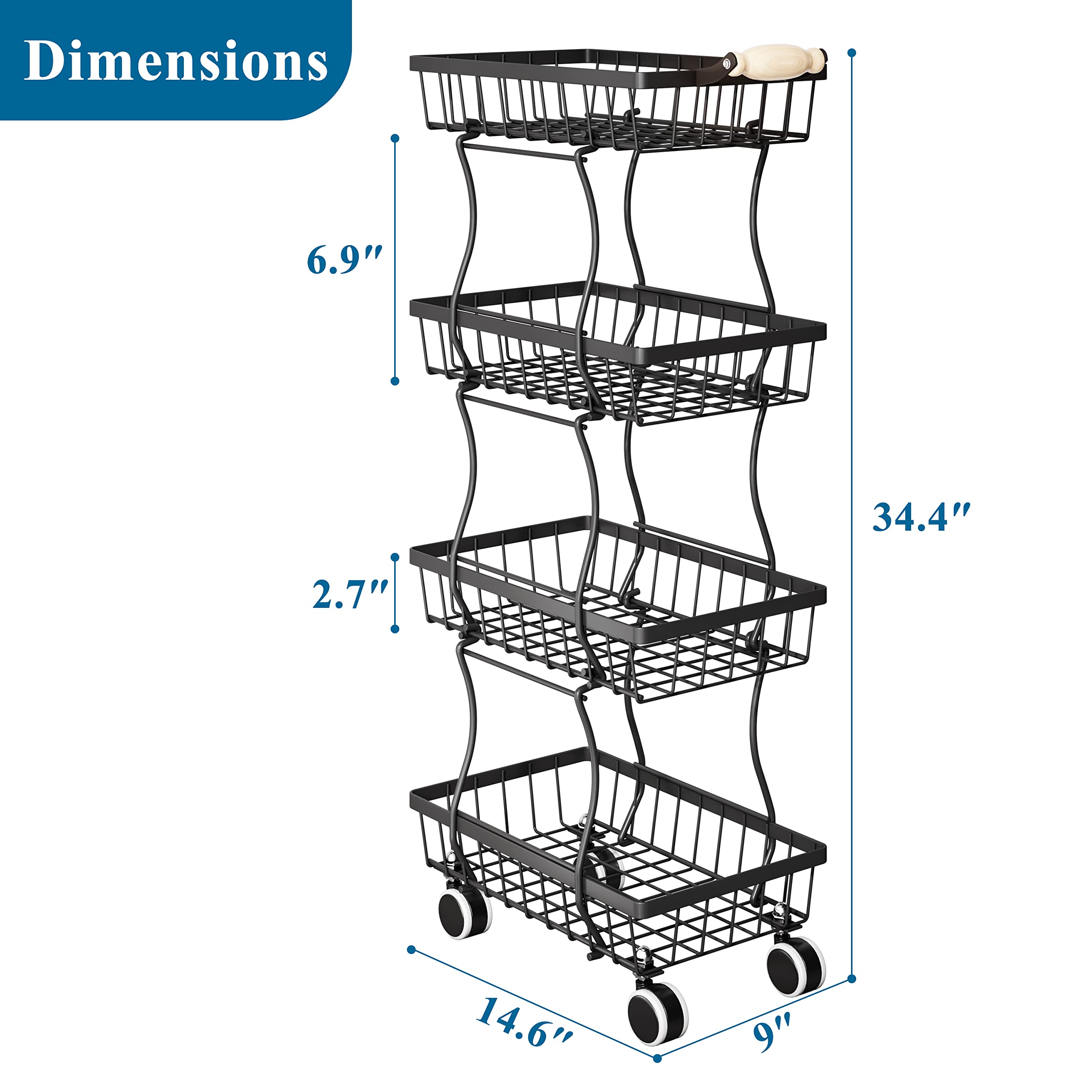 4-Tier Stackable Metal Wire Basket Organizer for Kitchen Pantry - Fruit, Vegetable, Snacks, Jars Storage | Space-Saving Home Organization for Countertop, Cabinet, or Refrigerator | Black