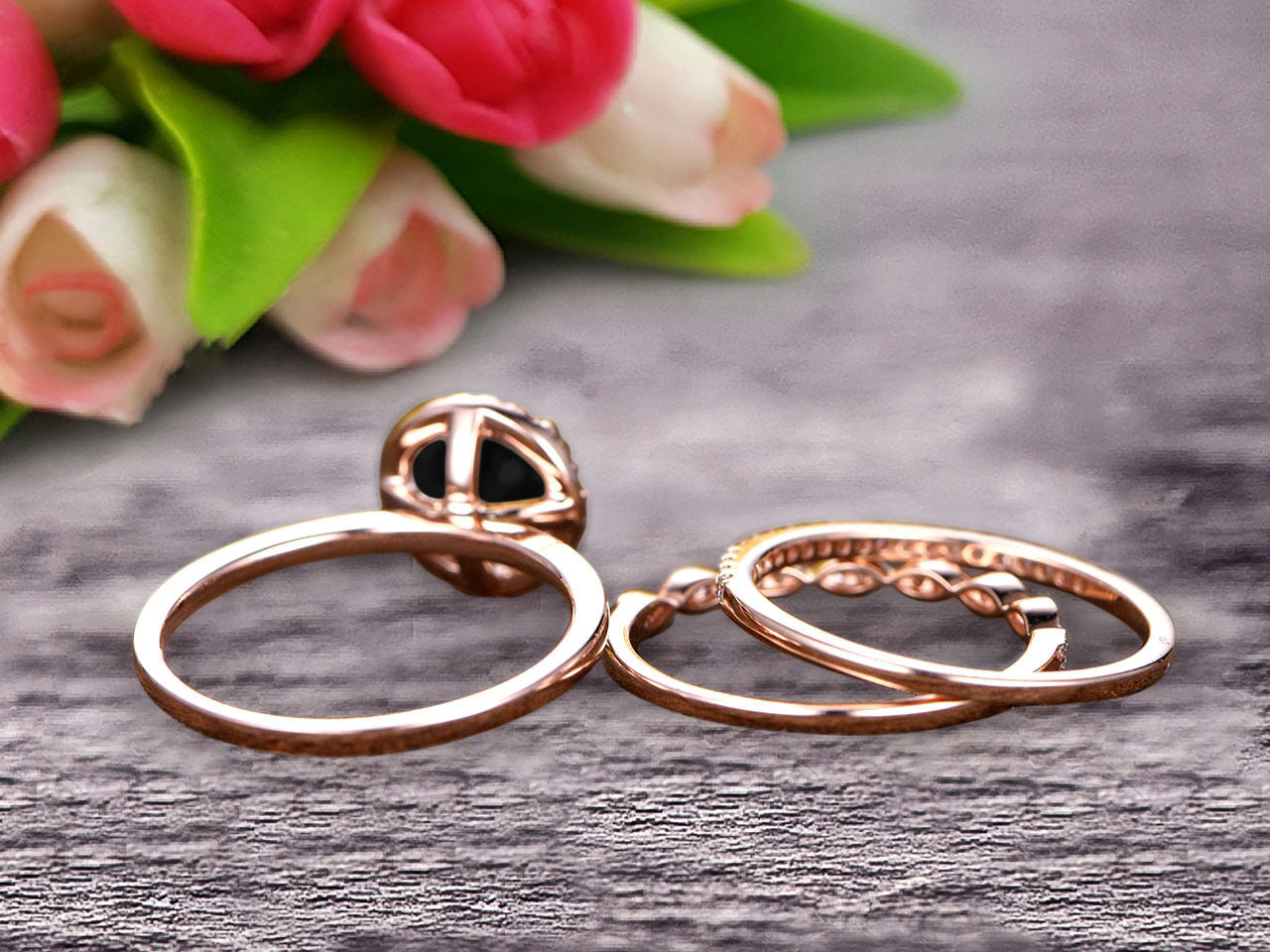 1.75 Carat Round Cut Black Diamond Moissanite Wedding Ring Set - 10k Rose Gold Matching Band for Women - Art Deco Trio Anniversary Gift - Perfect for Engagement, Wedding & Special Occasions