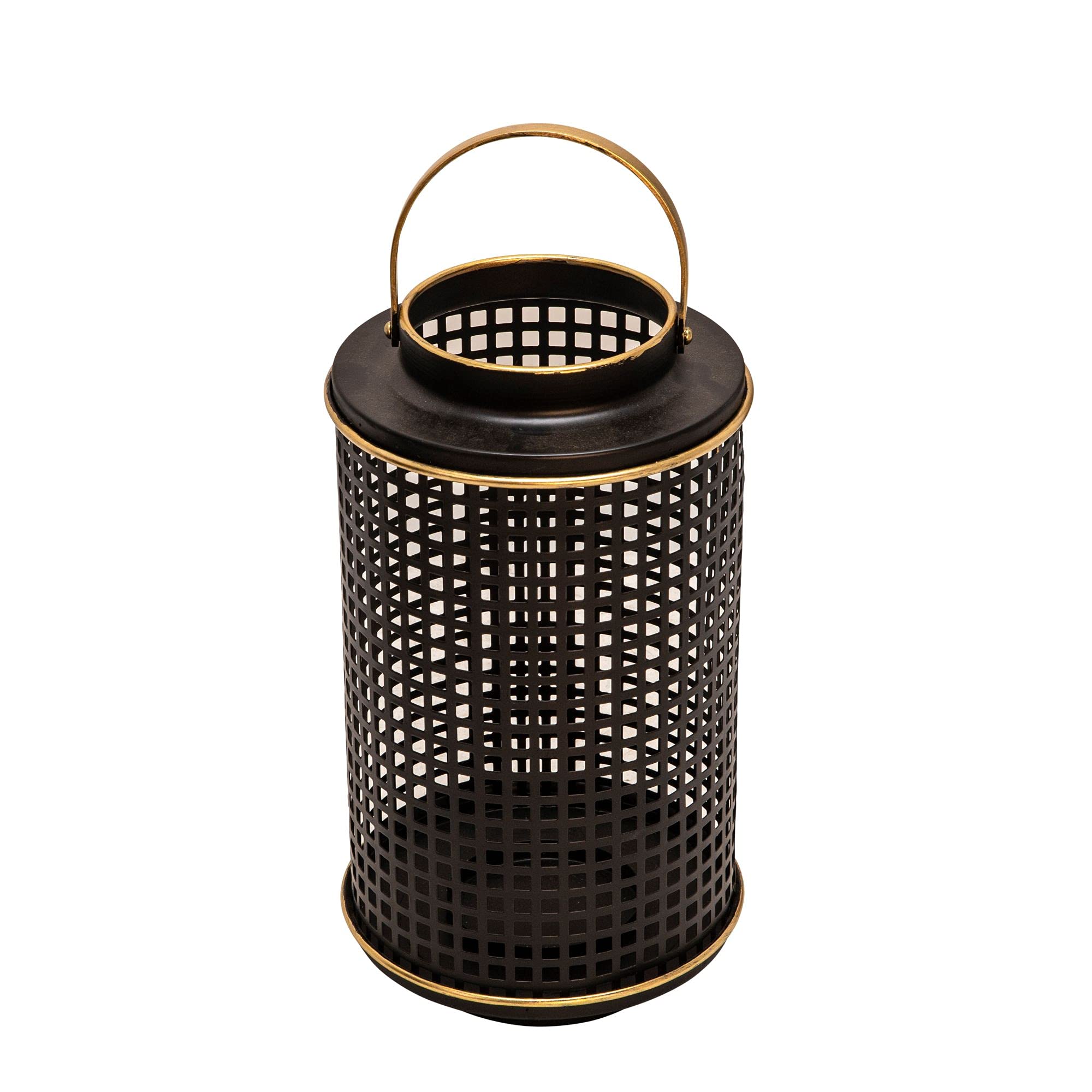 Kingston Living 12 Inch Black and Gold Metal Grid Candle Holder with Handle - Elegant Home Decor for Dining Table, Fireplace Mantel, Wedding Centerpiece
