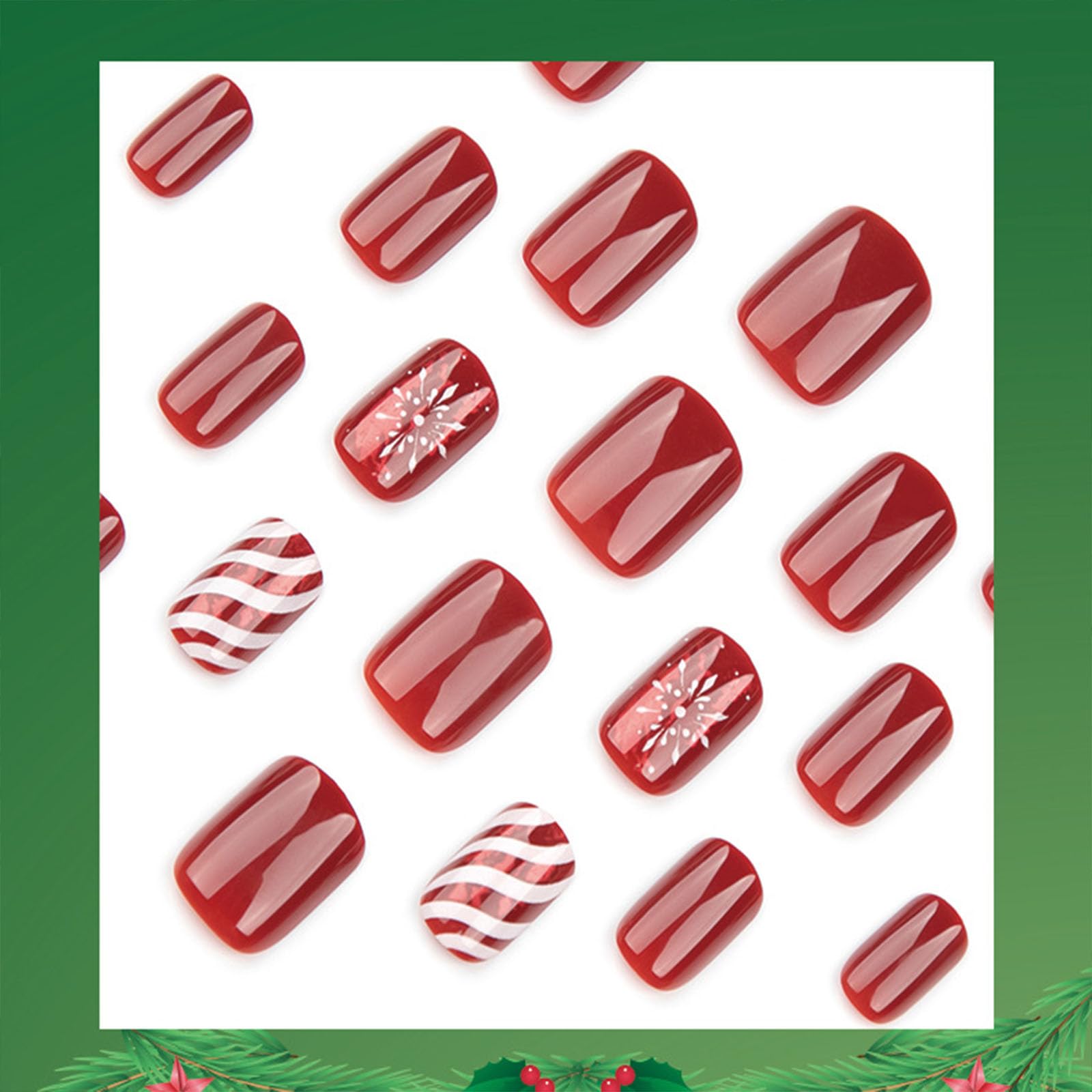 Christmas Press on Nails Short Square - Red Fake Nails with Snowflake & Candy Stripe Design - 24PCS Glossy Acrylic Full Cover False Nails - Winter Xmas Glue on Nails for Women & Girls - Perfect for Holiday Parties, Gift Giving & Festive Nail Art