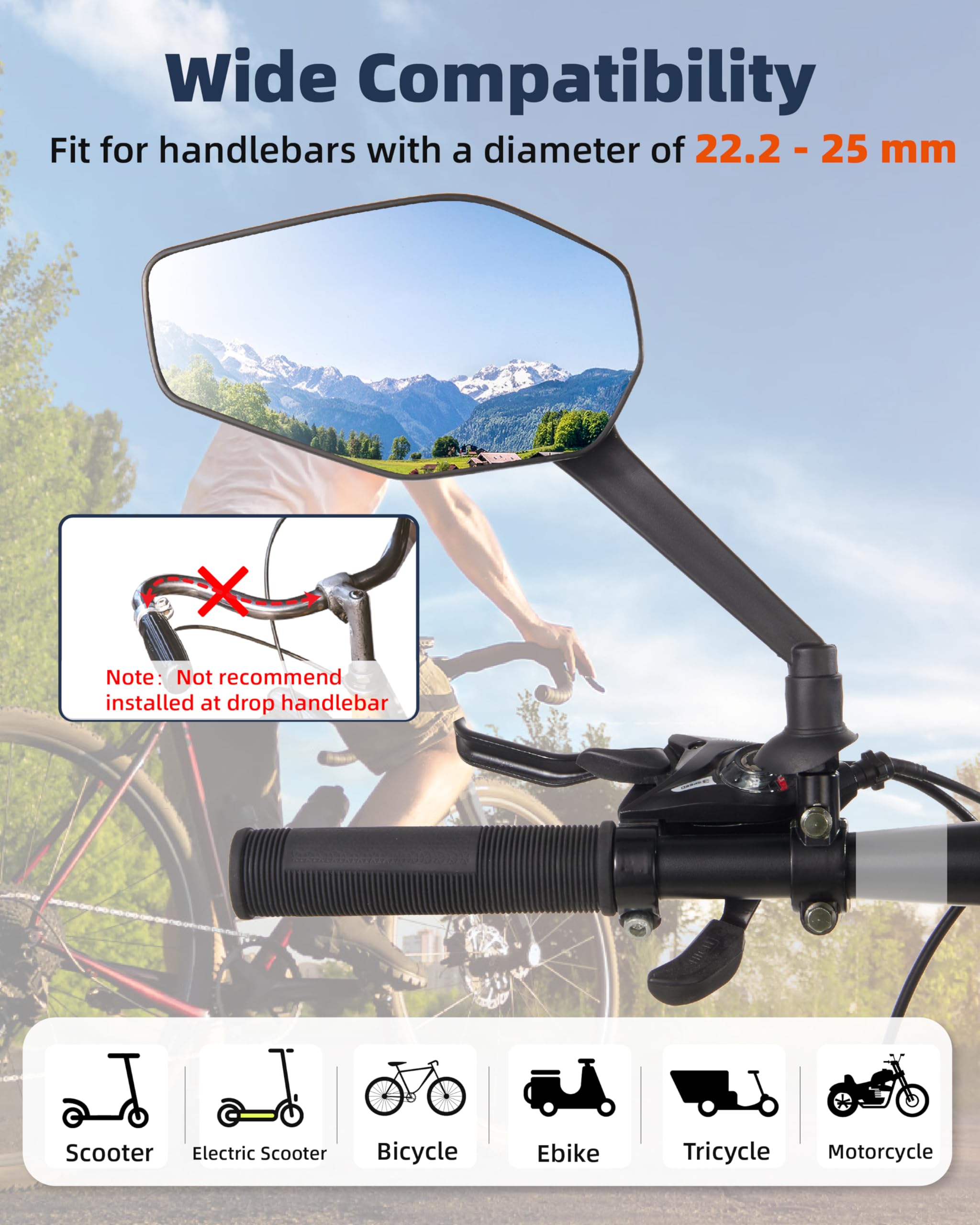 2 Pack Bike Mirror - 360° Adjustable Handlebar Mount Safety Rear View Mirror with Scratch Resistant Glass Lens - Fits Mountain Bikes, Road Bikes, E-Bikes & Scooters - Perfect for Commuting, Cycling Safety & Urban Riding