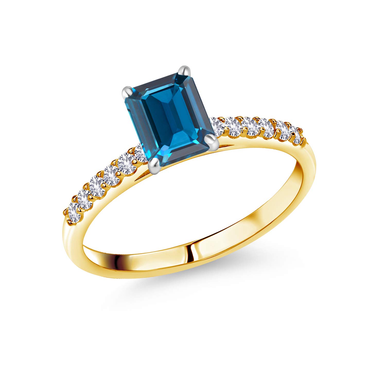 2.16 Ct London Blue Topaz & White Created Sapphire 10K Yellow Gold Ring with White Gold Prongs – Elegant Engagement, Wedding, Anniversary Jewelry Gift for Women
