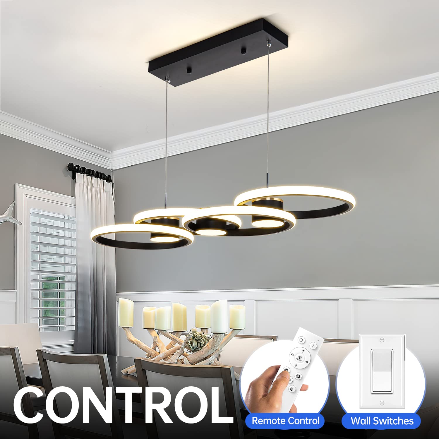 Modern 33-inch Black LED Chandelier Ceiling Light - 82W Dimmable Pendant Light with Remote Control (3000-6000K) - Perfect for Dining Room, Kitchen Island & Living Room Lighting