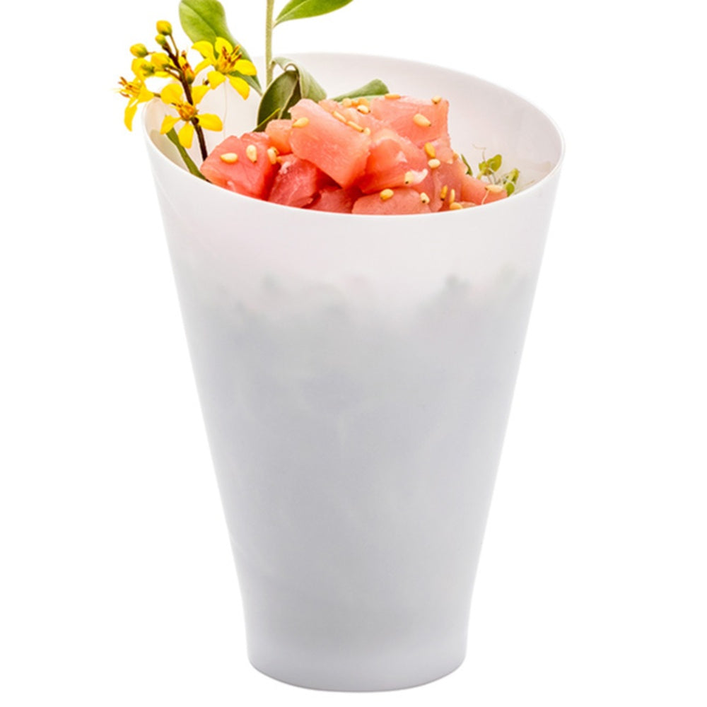100-Pack 7 oz Round White Plastic Incline Glasses with 100 Silver Mini Plastic Spoons - Perfect for Party Cups, Cocktail Glasses, and Dessert Serving